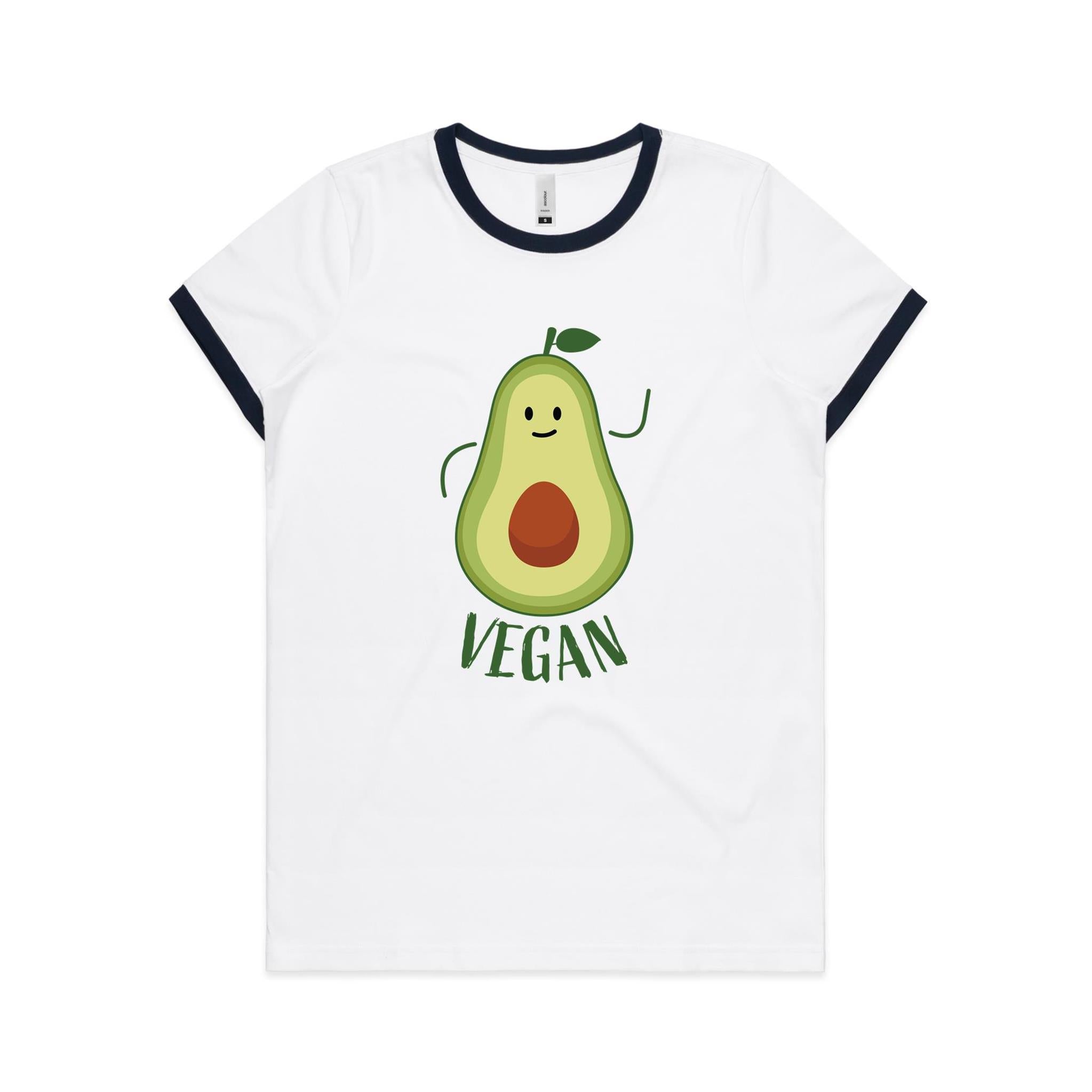 Vegan, Avocado - Women's Ringer Tee White Navy Womens Ringer T-shirt Food Printed In Australia