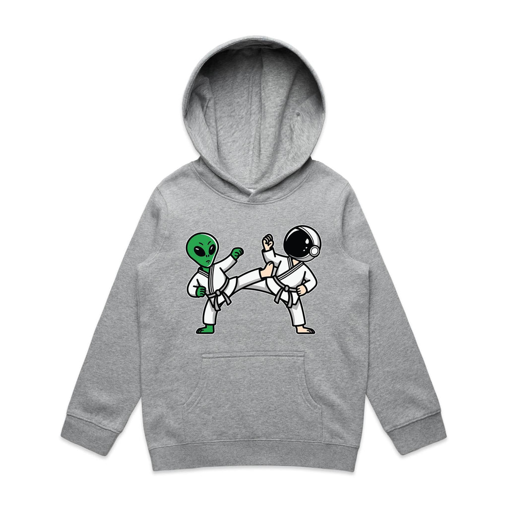 Alien And Astronaut Karate - Kids Hoodie Grey Marle Kids Hoodie Printed In Australia
