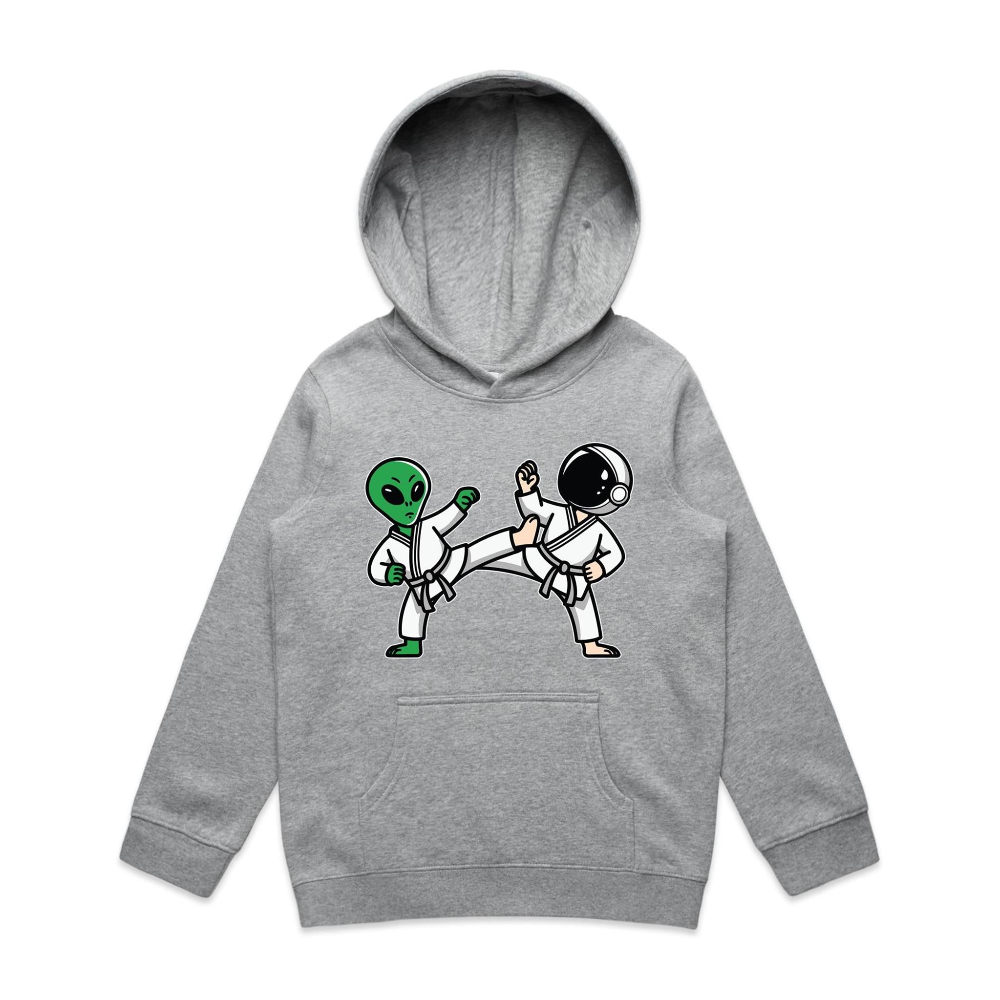 Alien And Astronaut Karate - Kids Hoodie Grey Marle Kids Hoodie Printed In Australia