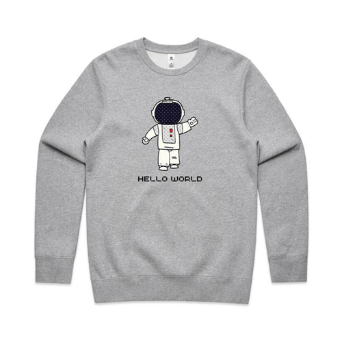 Astronaut, Hello World - AS Colour Stencil Crew Grey Marle Sweatshirt Printed In Australia Space