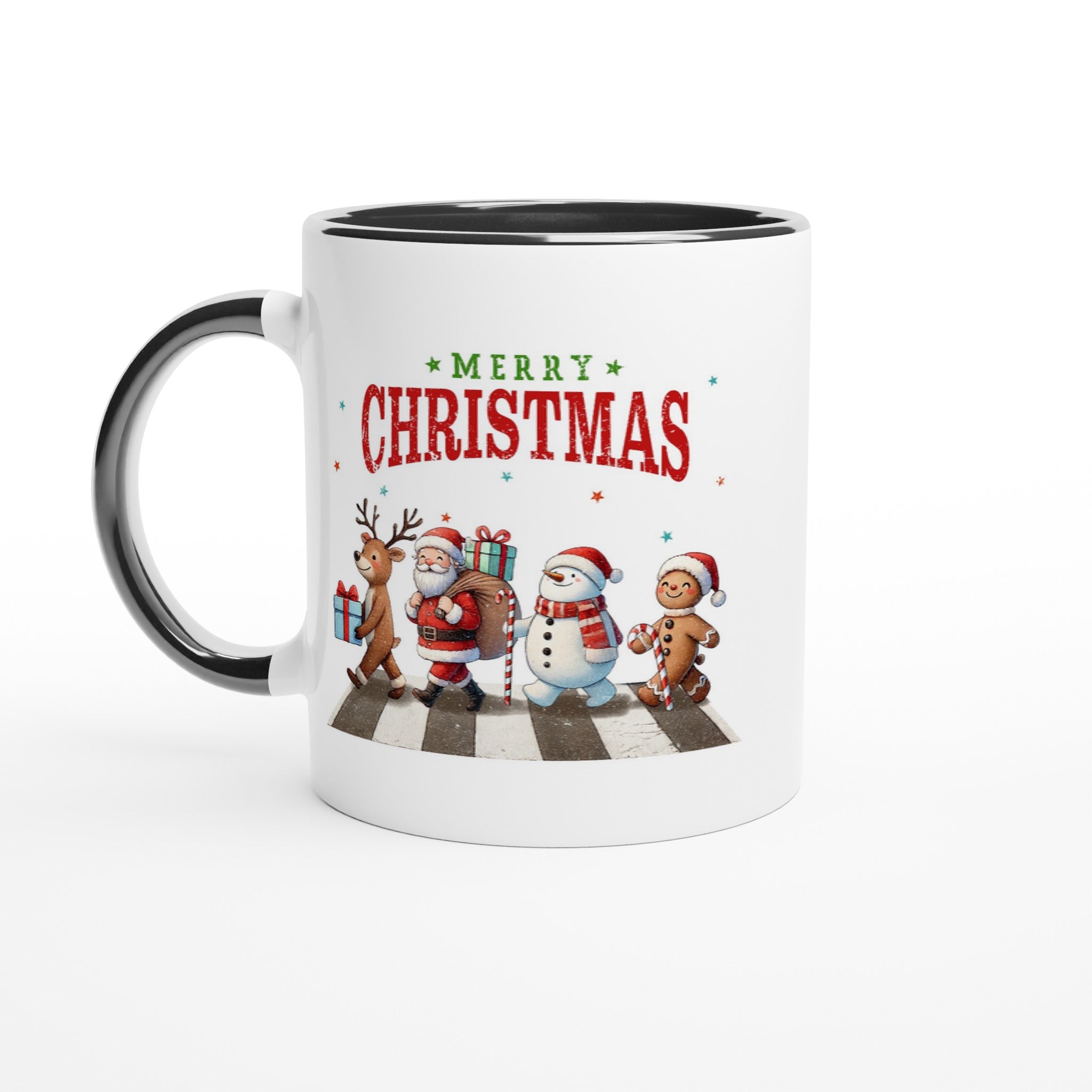 Fab Four, Merry Christmas - White 11oz Ceramic Mug with Color Inside Ceramic Black Christmas Colour Mug Christmas Globally Fulfilled