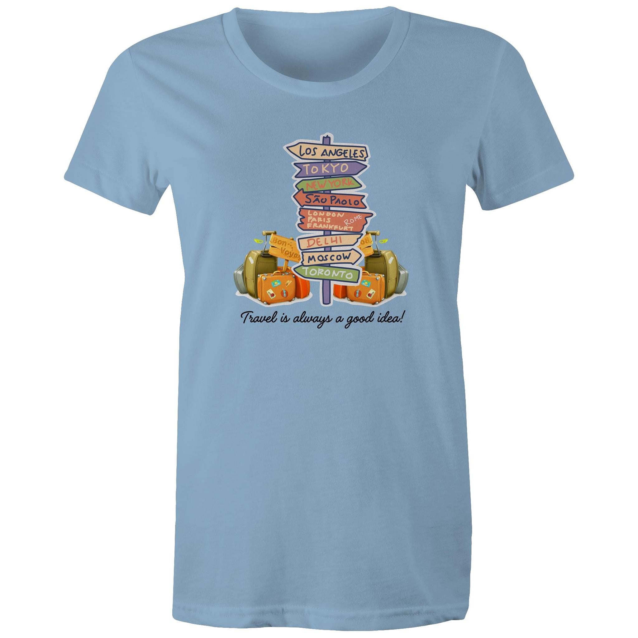 Travel Is Always A Good Idea - Womens T-shirt Carolina Blue Womens T-shirt Printed In Australia