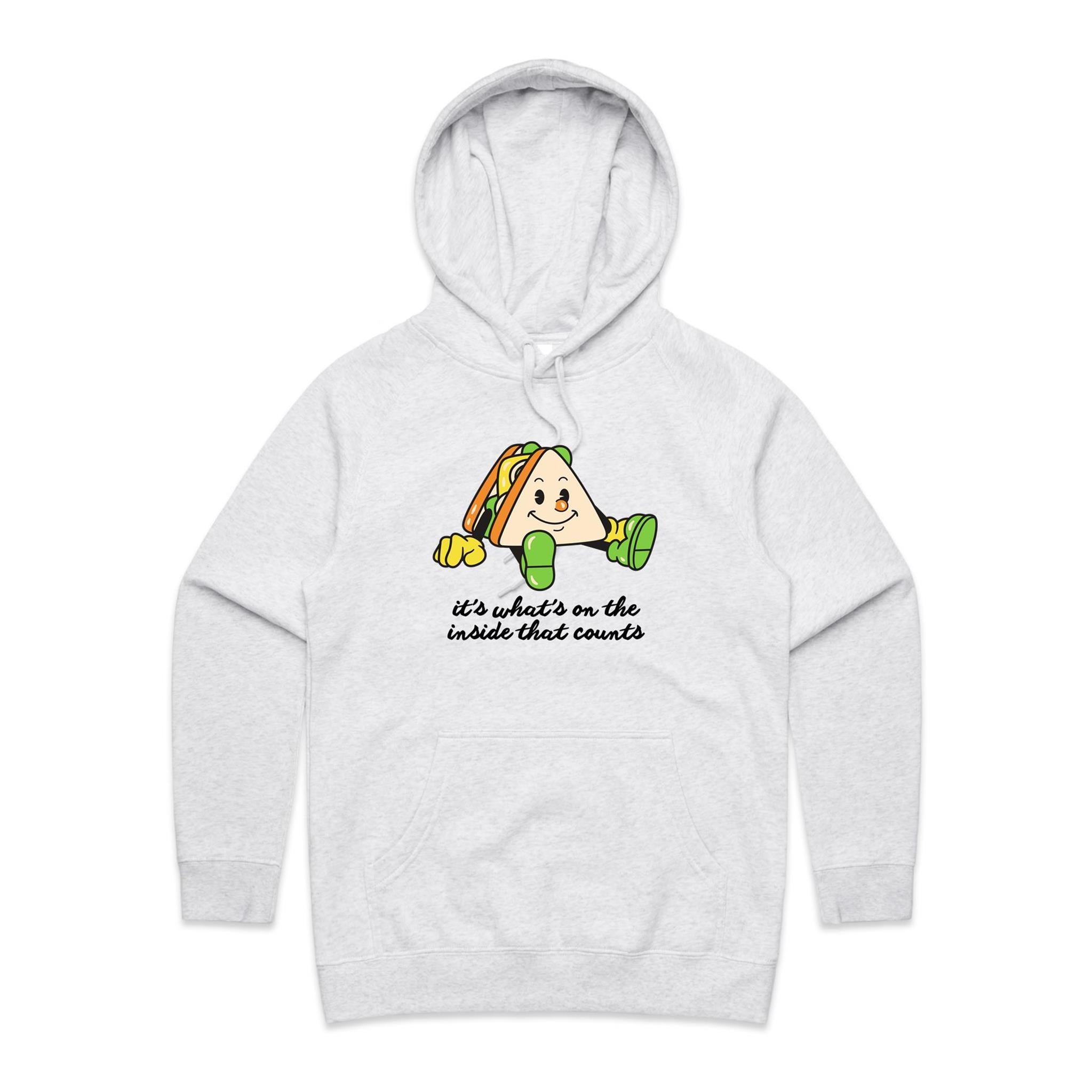 It's What's On The Inside That Counts, Sandwich - Womens Hoodie White Marle Womens Hoodie Food Positivity Printed In Australia