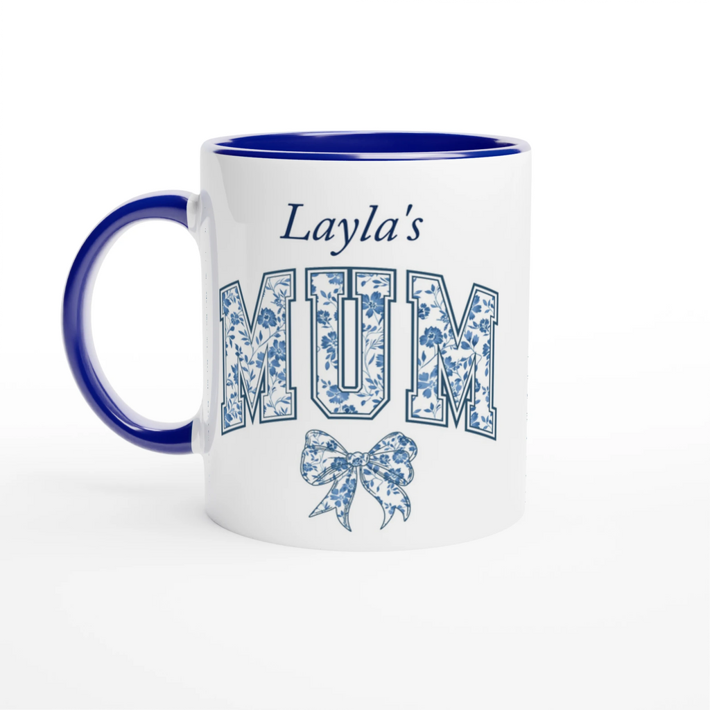 Personalise - Mum, Blue Floral - 11oz Ceramic Mug Ceramic Blue Personalised 11oz Mug customise Globally Fulfilled Mum Name personalise