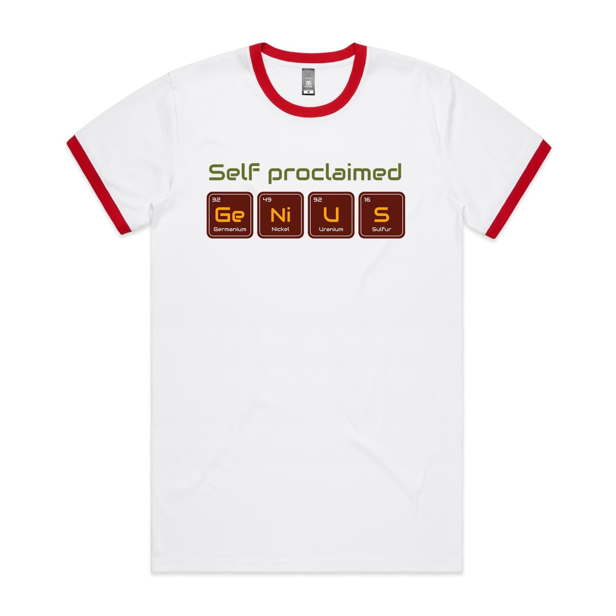 Self Proclaimed Genius, Periodic Table - Staple Ringer Tee White Red Ringer T-Shirt Printed In Australia Science