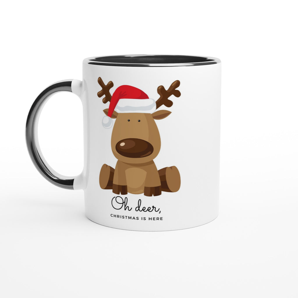 Oh Deer, Christmas Is Here - White 11oz Ceramic Mug with Colour Inside Ceramic Black Christmas Colour Mug Christmas Globally Fulfilled