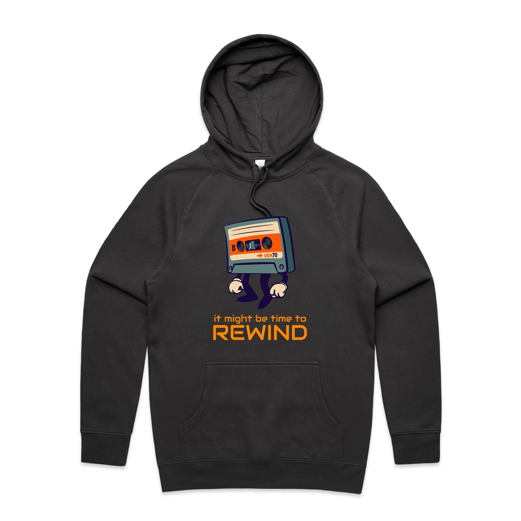 Cassette Tape, It Might Be Time To Rewind - Mens Hoodie Coal Mens Hoodie Music Printed In Australia Retro