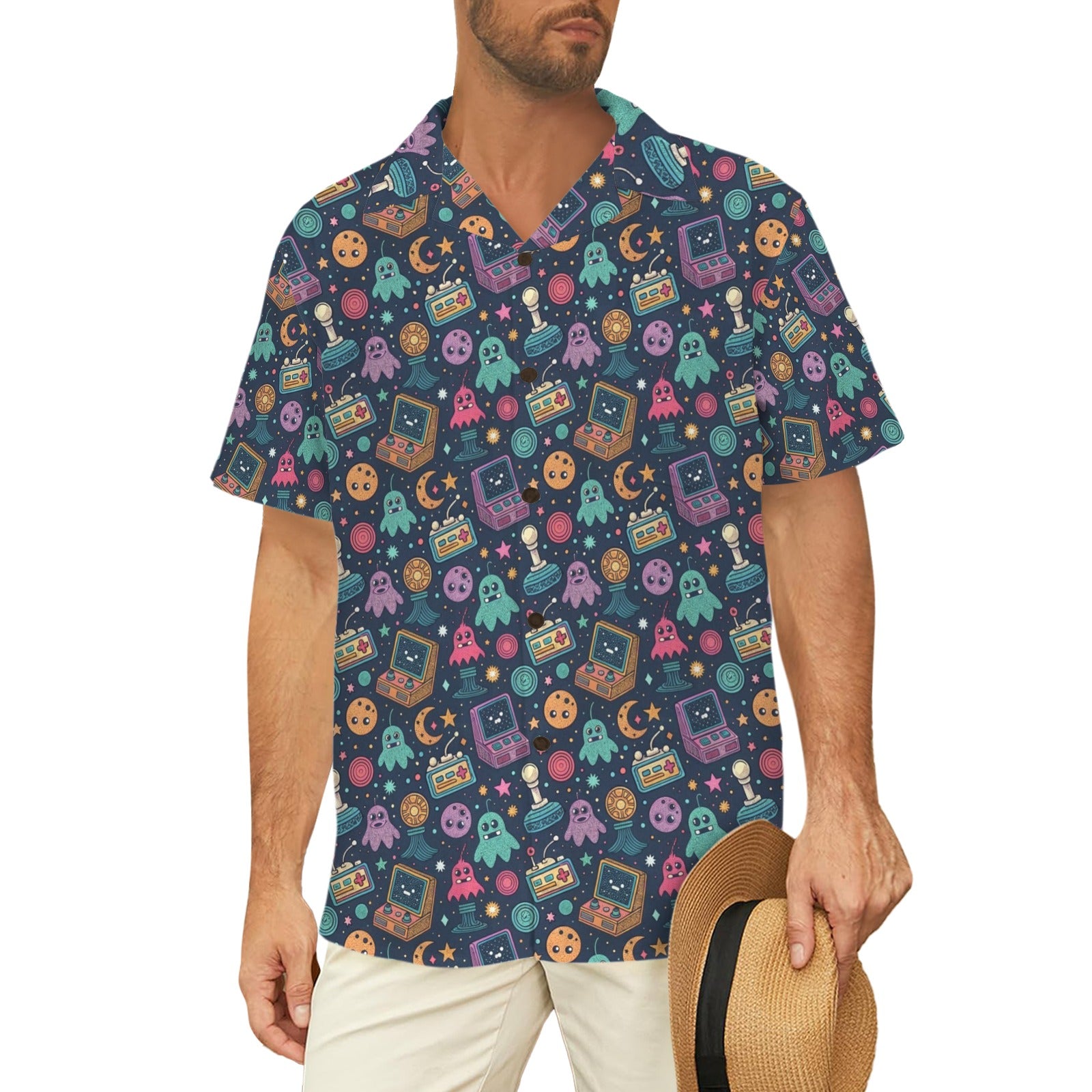 Space Arcade - Men's Short Sleeve Hawaiian Shirt Men's Hawaiian Shirt (New) Games Printed Offshore Retro