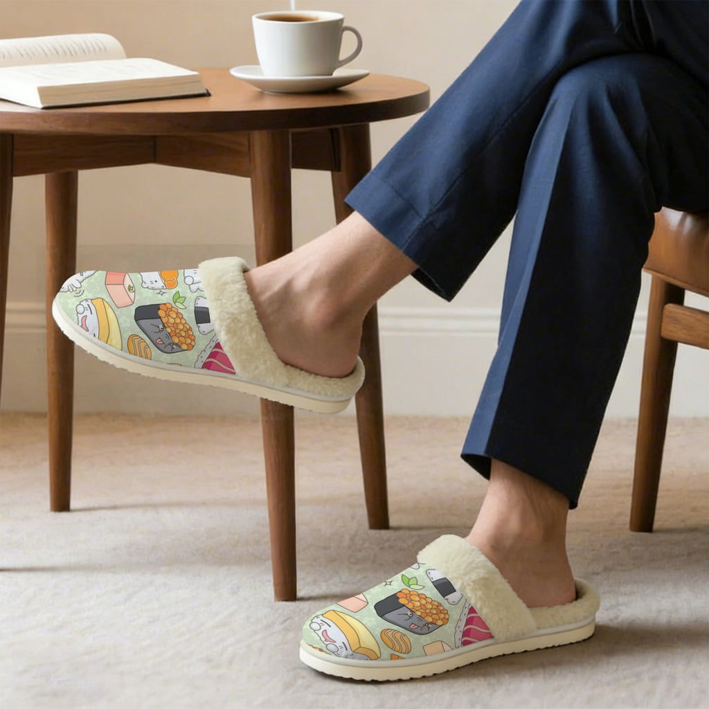 Funny Sushi Men's Fur Trim Thick-Sole Indoor Slippers Men's Fur Trimmed Slippers Food Printed Offshore
