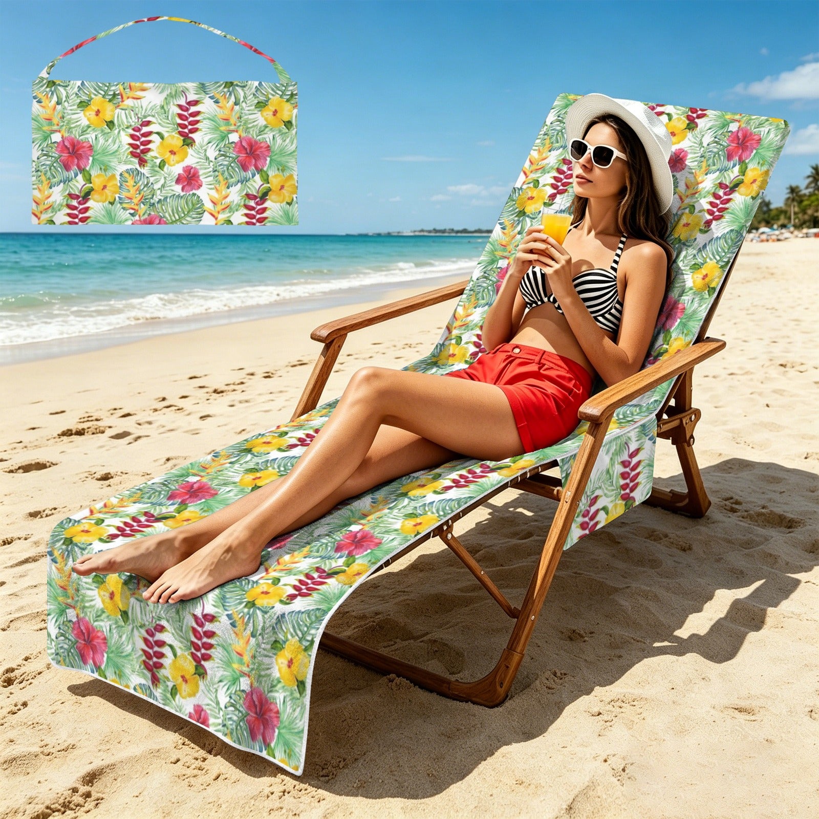 Tropical Flowers On White Beach Chair Towel Cover with Side Pockets