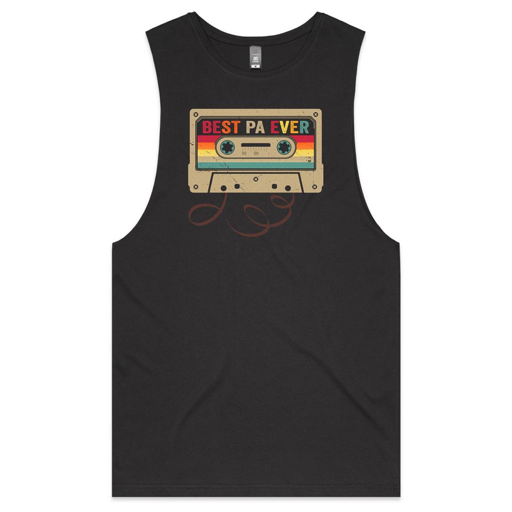 Best Pa Ever, Cassette Tape Mens Men's AS Colour Drop Arm Tank Top Coal Drop Arm Tank Top Dad Music Printed In Australia Retro