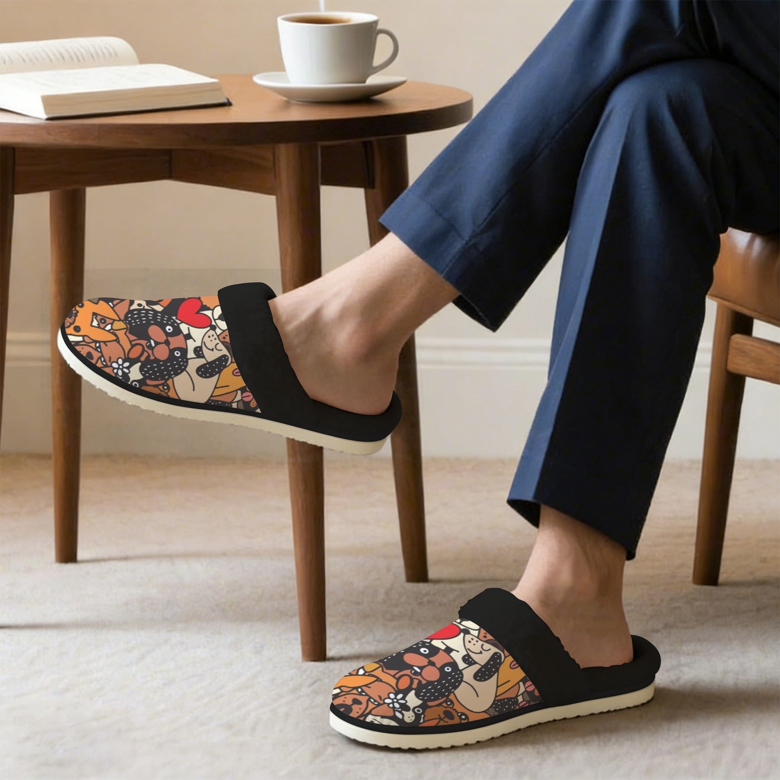 All The Dogs Men's Fur Trim Thick-Sole Indoor Slippers Men's Fur Trimmed Slippers animal Printed Offshore