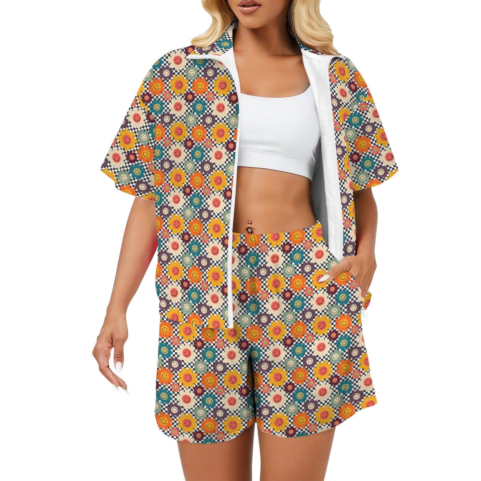 Happy Retro Flowers Women's Windbreaker Short Set 2XL Women's Windbreaker Short Set Printed Offshore Retro