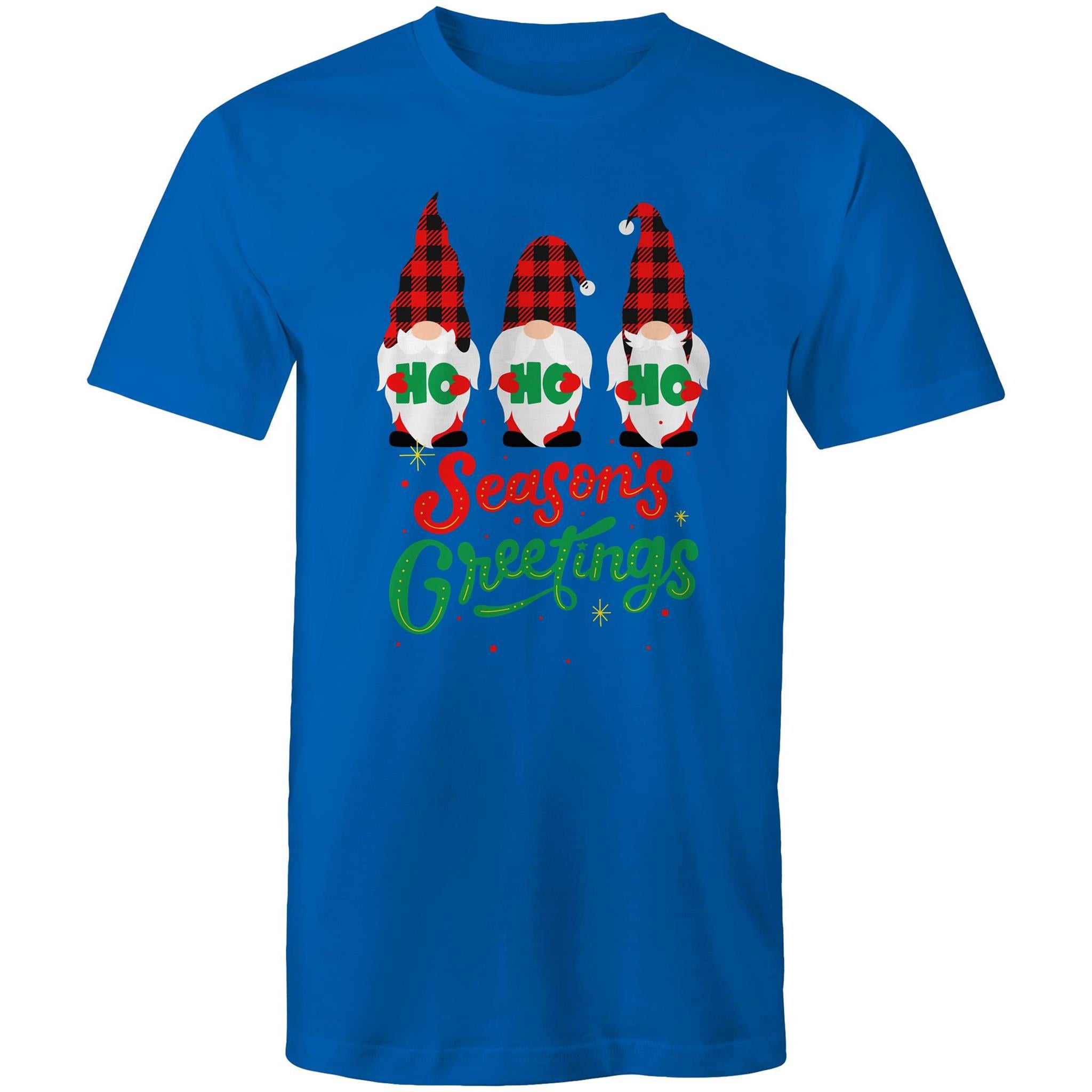 Christmas Gnomes Seasons Greetings - Mens T-Shirt Bright Royal Mens Christmas T-shirt Christmas Printed In Australia