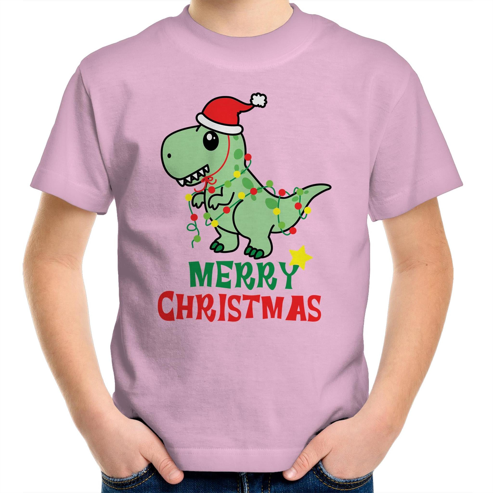 Dinosaur Santa, Merry Christmas - Kids Youth T-Shirt Pink Kids Christmas T-shirt Christmas Printed In Australia