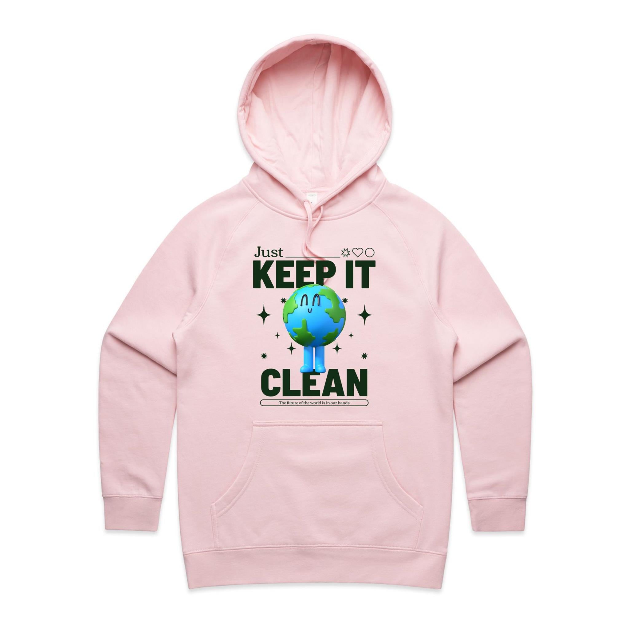 Earth, Just Keep It Clean - Womens Hoodie Pink Womens Hoodie Environment Printed In Australia