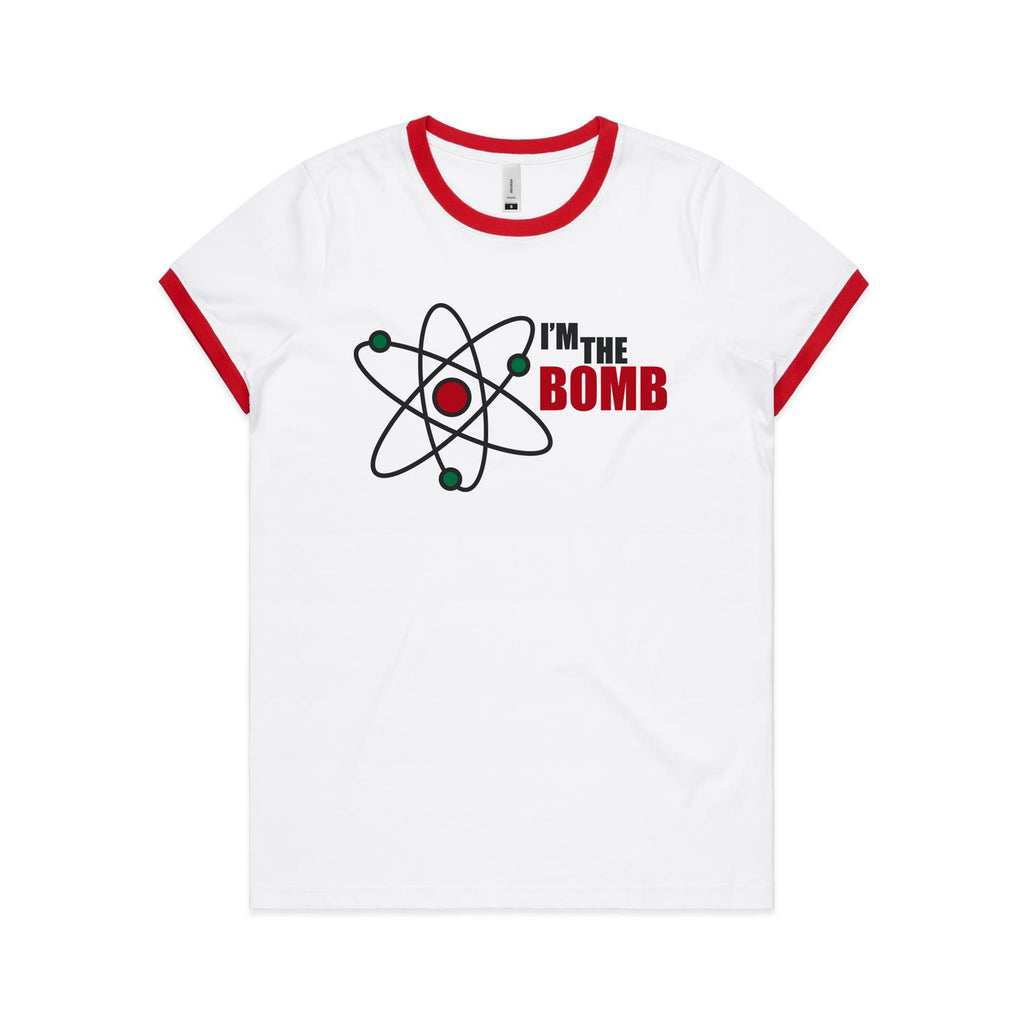 I'm The Bomb, Atom - Women's Ringer Tee White Red Womens Ringer T-shirt Printed In Australia Science