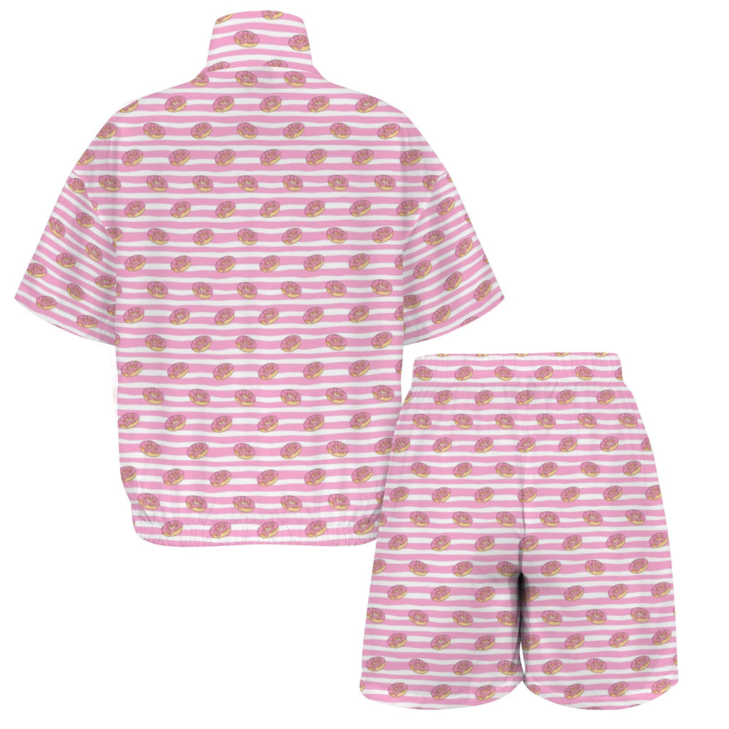 Pink Donut Stripes Women's Windbreaker Short Set Women's Windbreaker Short Set Food Printed Offshore