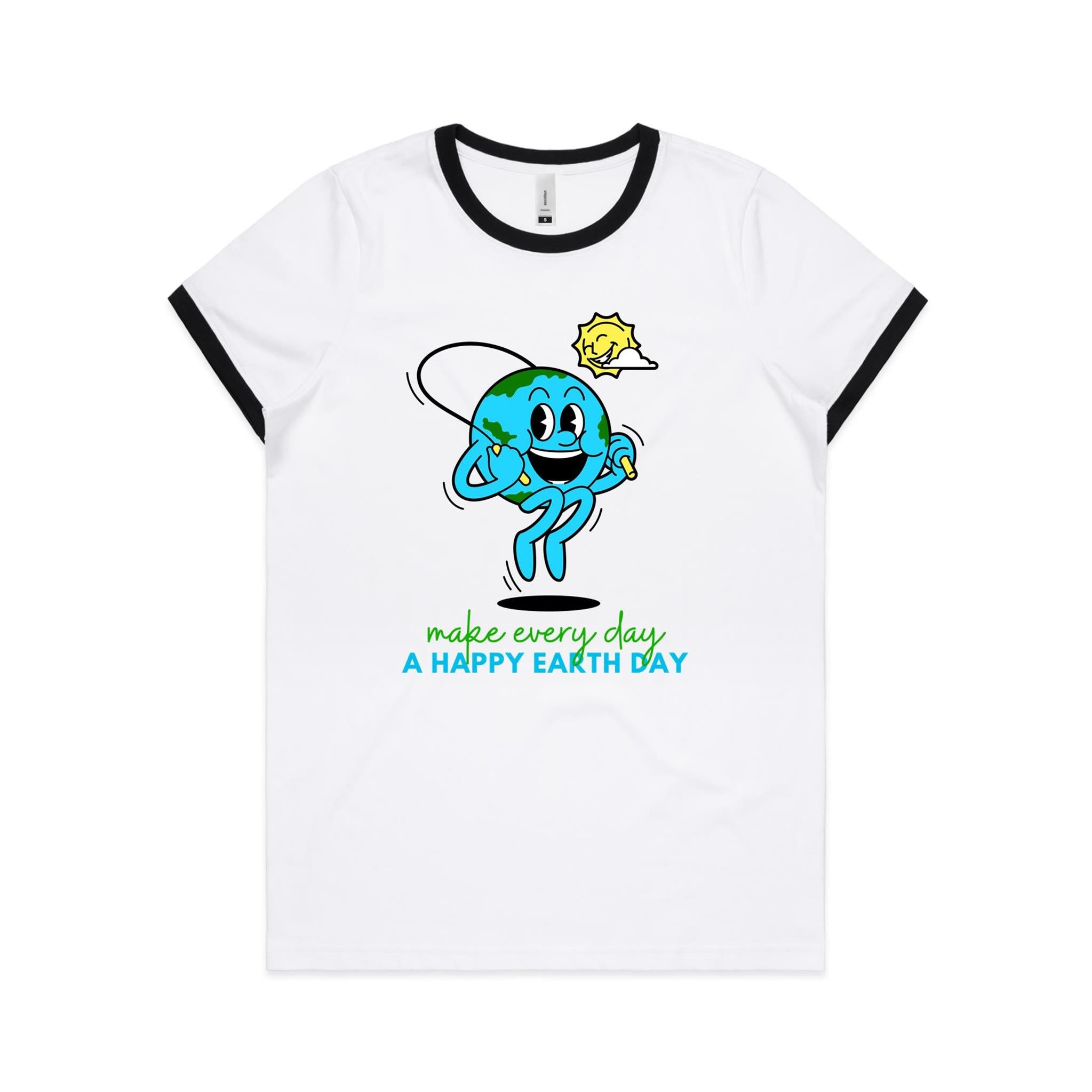 Make Every Day A Happy Earth Day - Women's Ringer Tee White Black Womens Ringer T-shirt Environment Printed In Australia