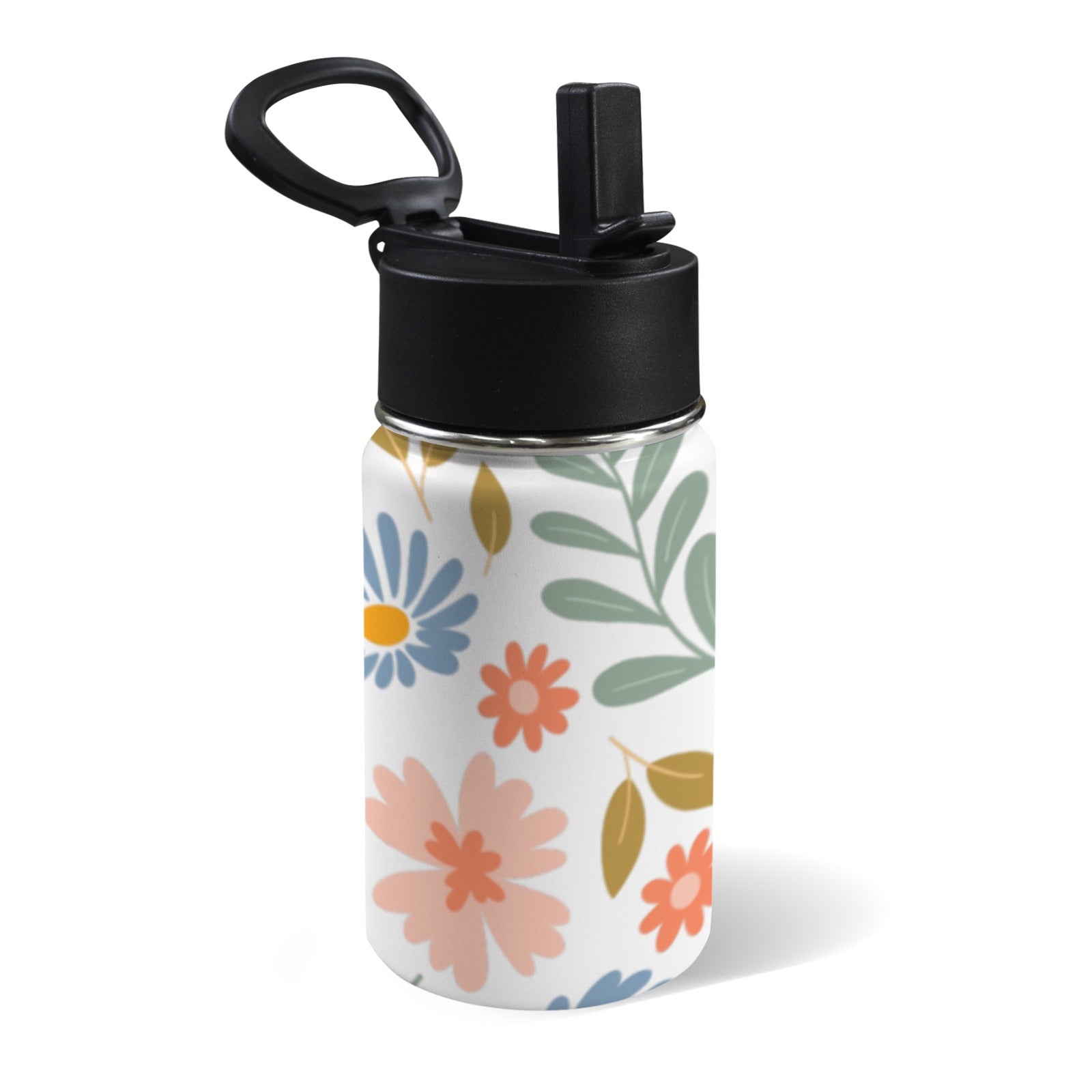 Boho Flowers And Leaves 12oz Kids Water Bottle with Straw Lid