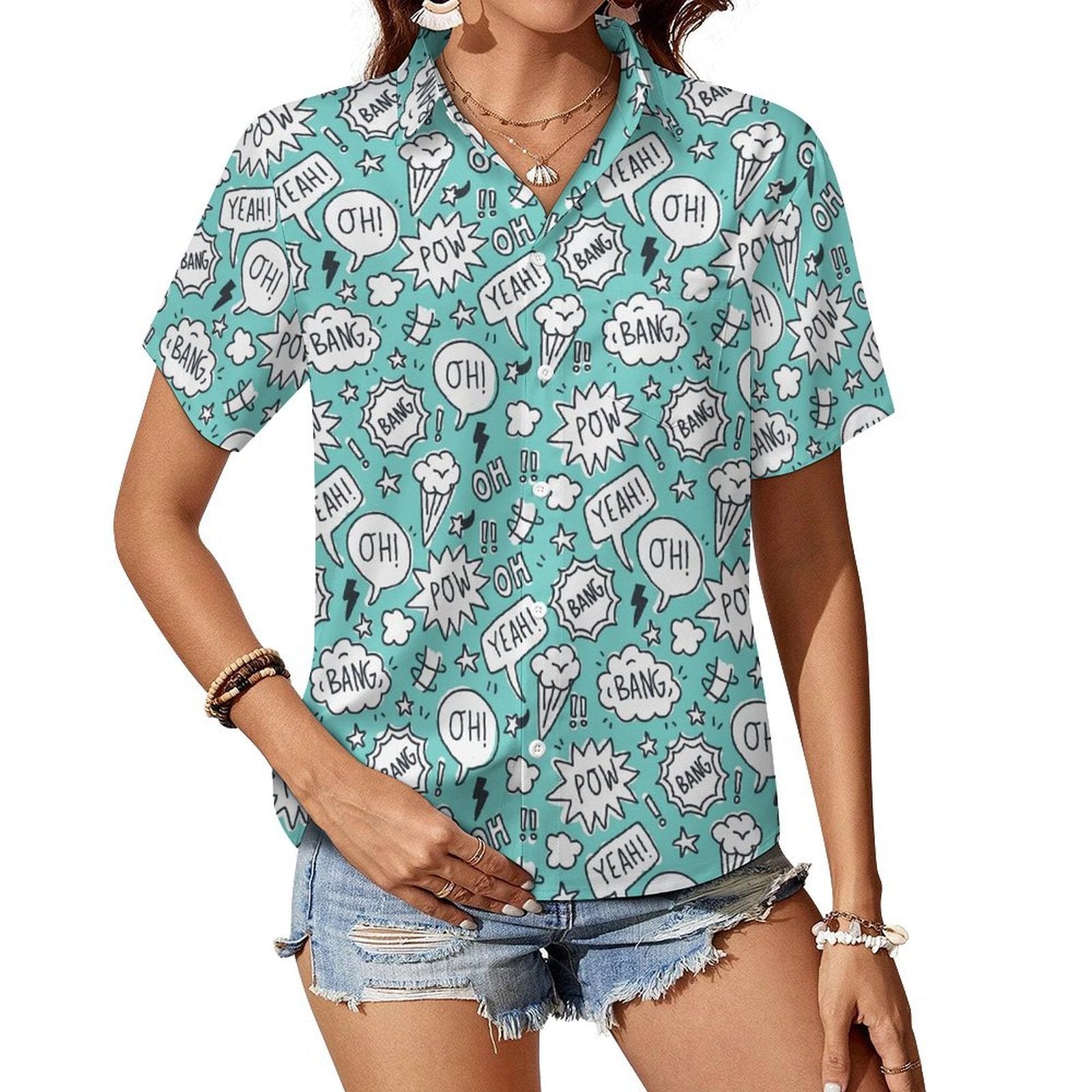 Comic Book Speech Bubbles Women's Short-Sleeve Button Up Shirt white Women's Short-Sleeve Button Up Shirt comic Printed Offshore