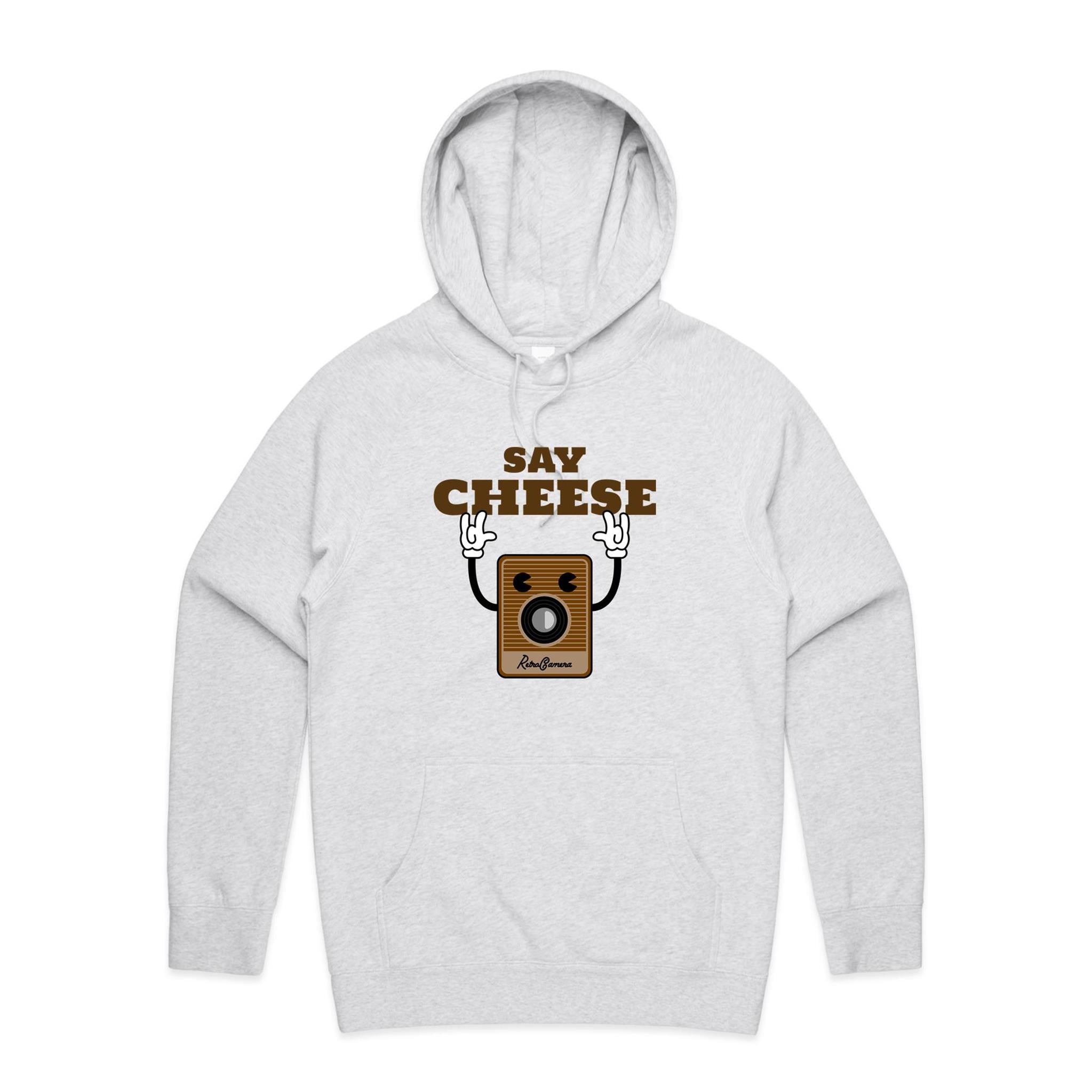 Say Cheese, Retro Camera - Mens Hoodie White Marle Mens Hoodie Printed In Australia Retro