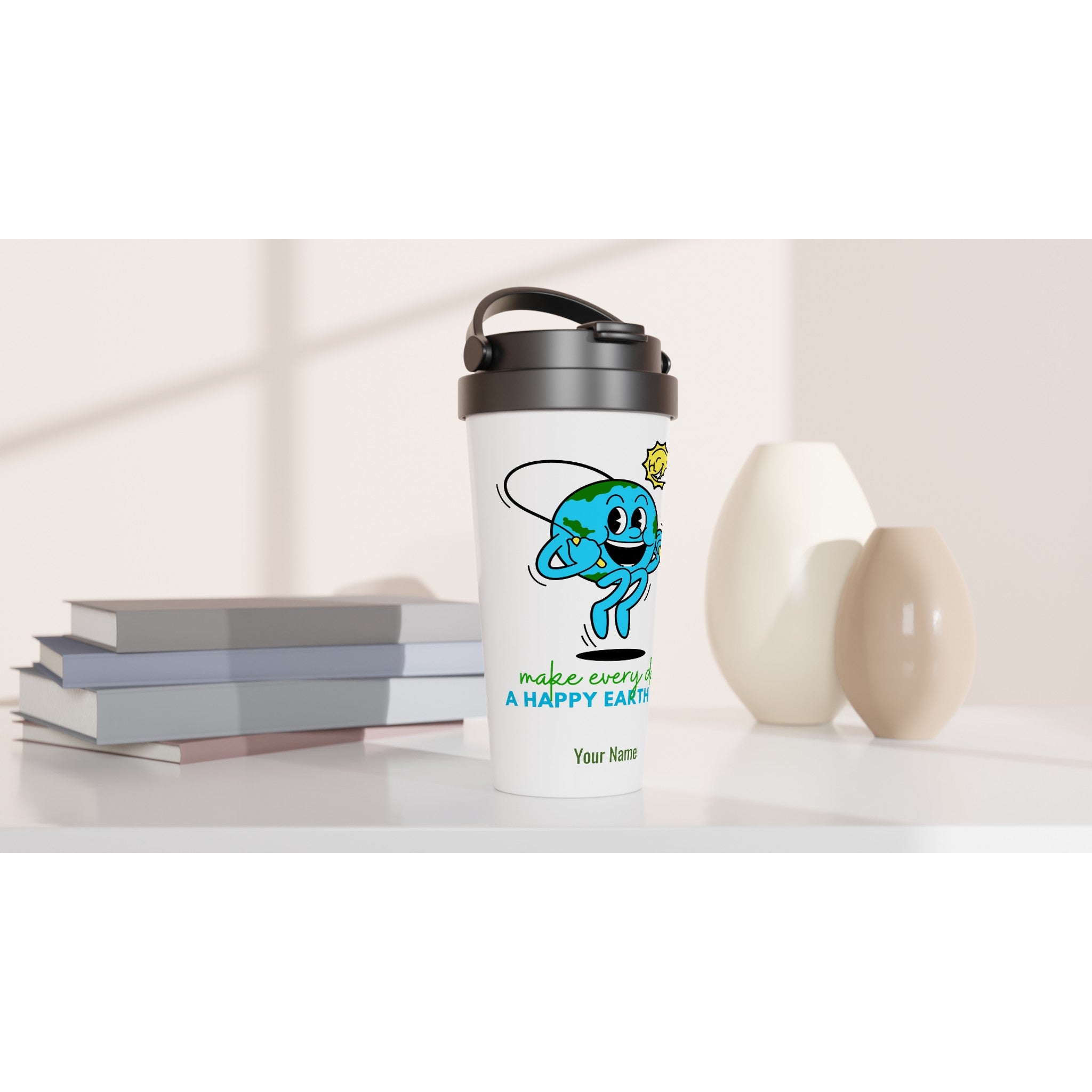 Personalised - Make Every Day A Happy Earth Day - White 15oz Stainless Steel Travel Mug Personalised Travel Mug customise environment Globally Fulfilled personalise