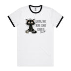 Living That Nine Lives Kind Of Tired, Frazzled Cat - Staple Ringer Tee White Black Ringer T-Shirt animal Coffee Printed In Australia
