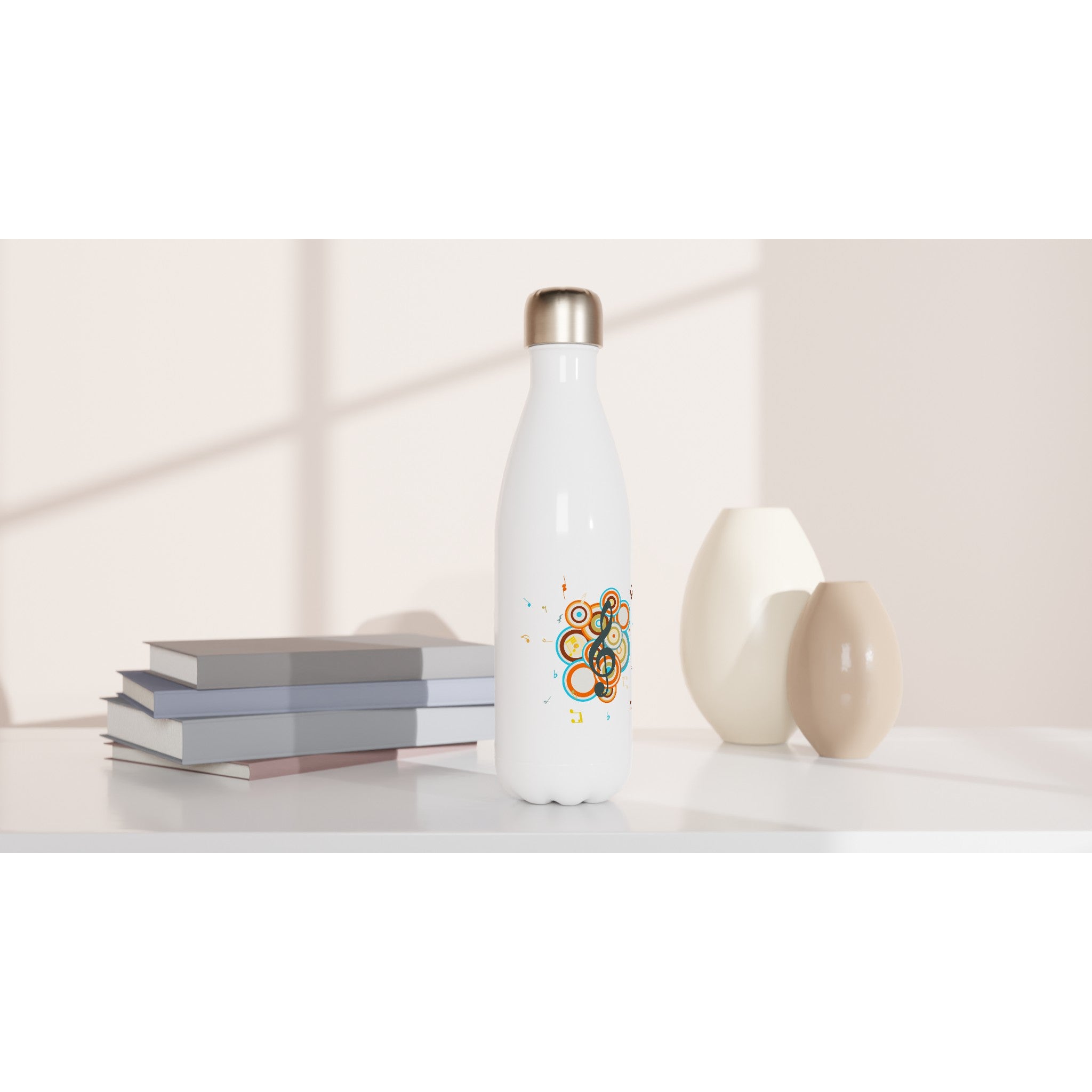 Groovy Music - White 17oz Stainless Steel Water Bottle White Water Bottle Globally Fulfilled Music Retro