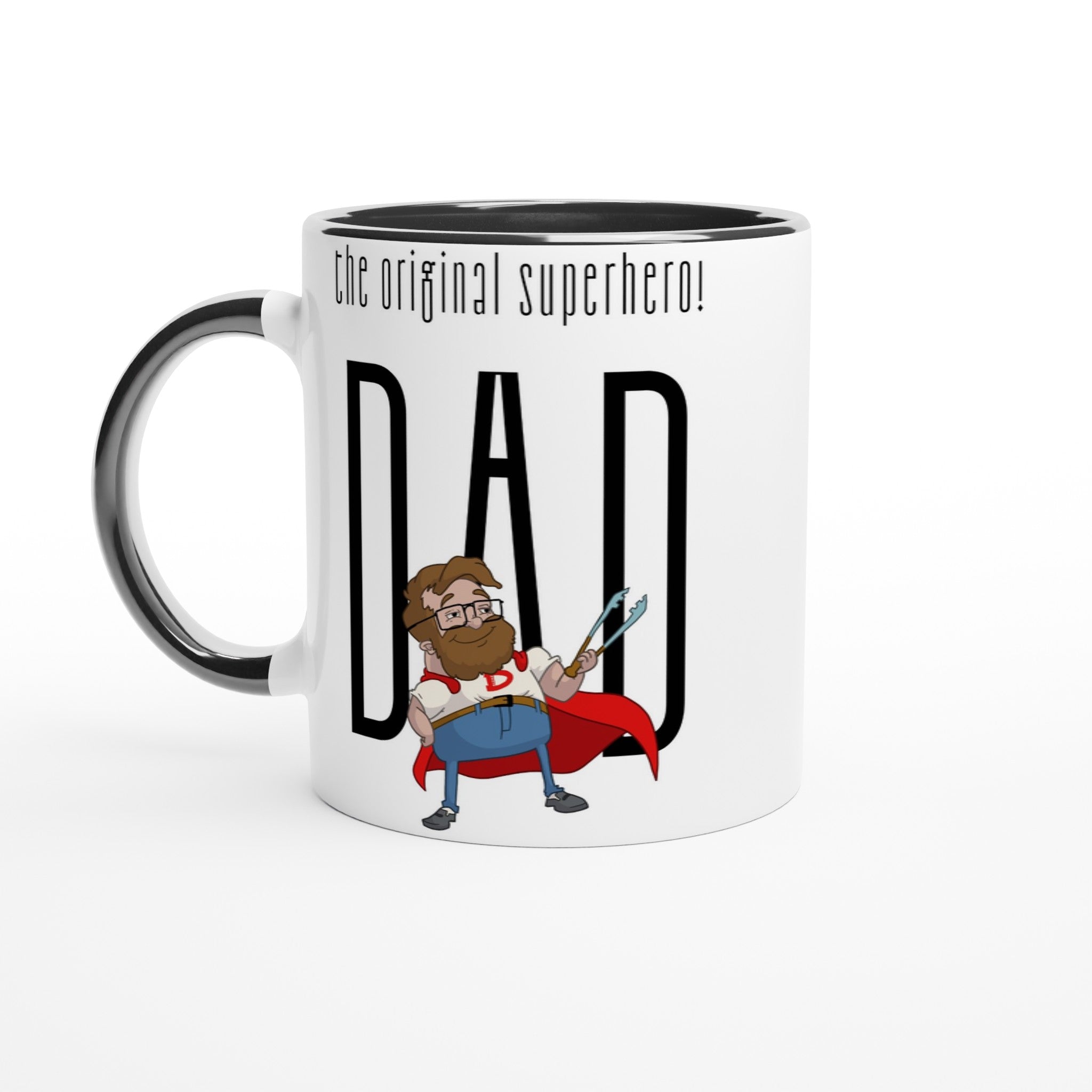Dad, The Original Superhero - White 11oz Ceramic Mug with Colour Inside Ceramic Black Colour 11oz Mug comic Dad Globally Fulfilled