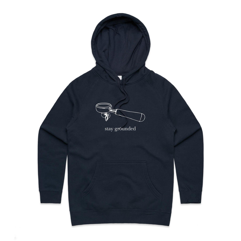 Stay Grounded, Coffee Portafilter Women's AS Colour Hoodie Navy Womens Hoodie Coffee Printed In Australia