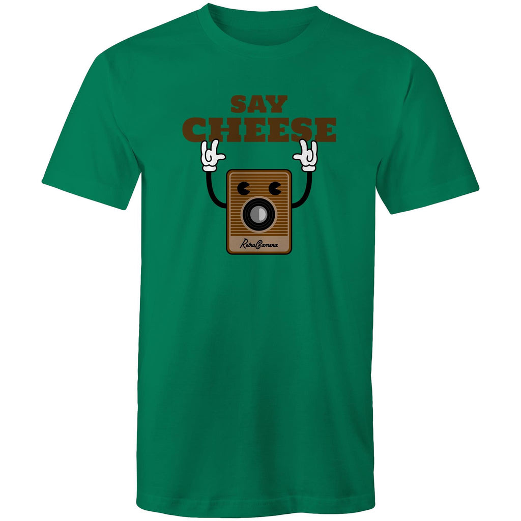 Say Cheese, Vintage Camera - Mens T-Shirt Kelly Green Mens T-shirt Printed In Australia Retro