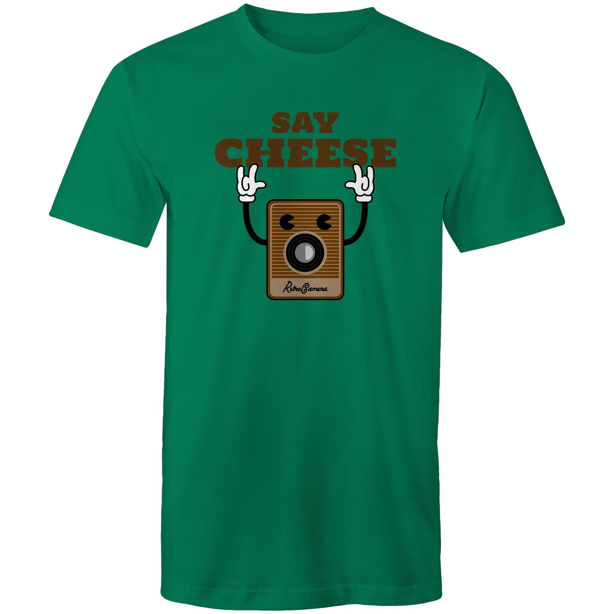 Say Cheese, Vintage Camera - Mens T-Shirt Kelly Green Mens T-shirt Printed In Australia Retro