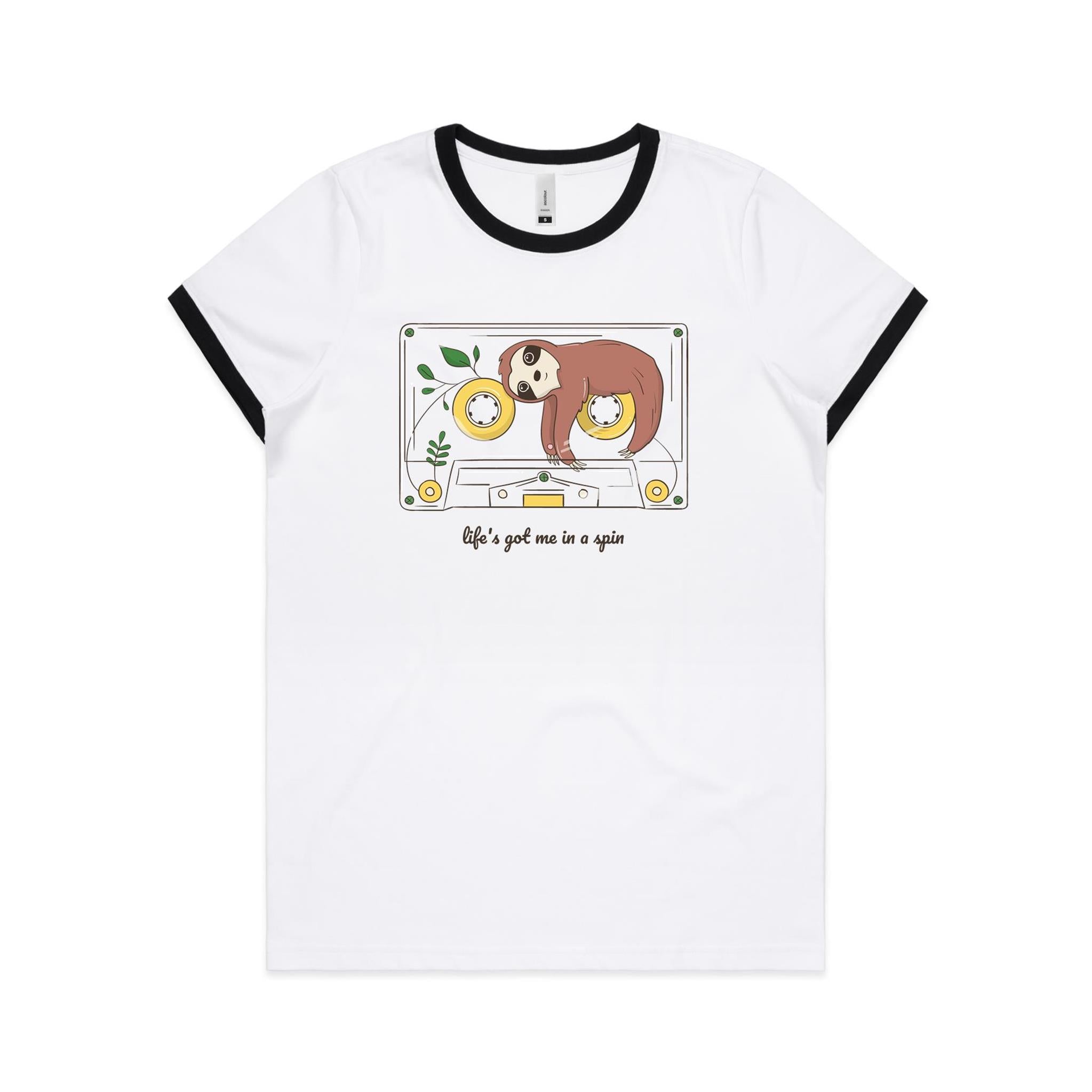 Life's Got Me In A Spin, Cassette Tape, Sloth - Women's Ringer Tee White Black Womens Ringer T-shirt animal Music Printed In Australia
