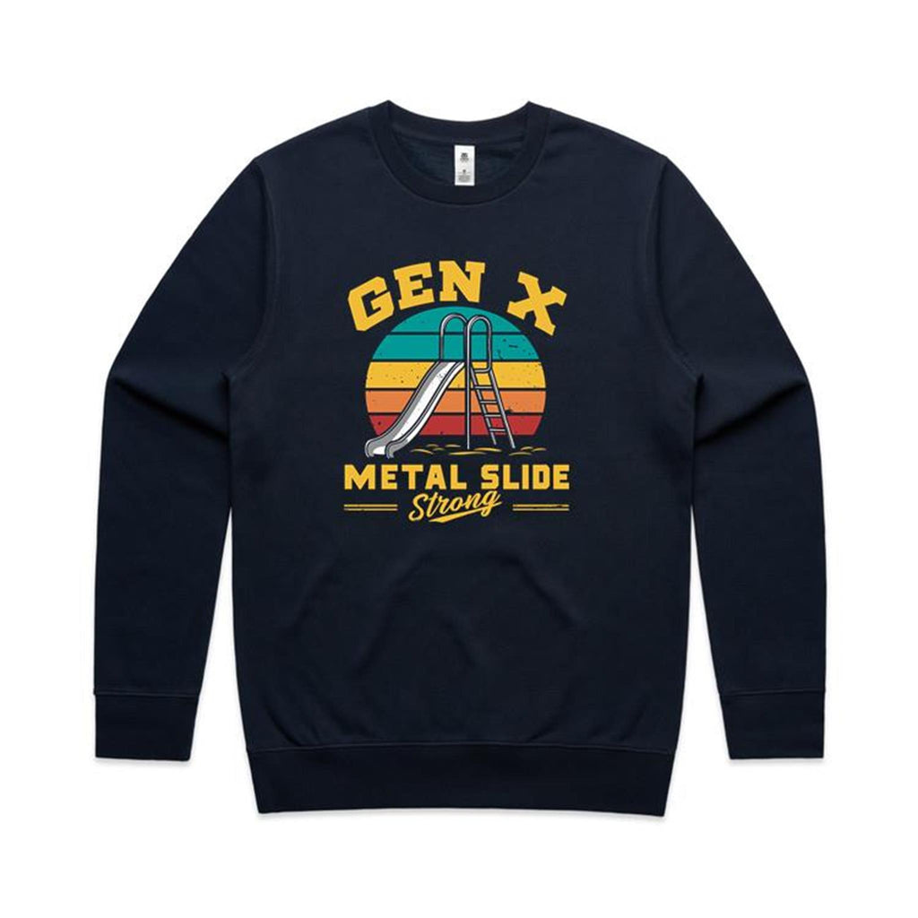 Gen X, Metal Slide Strong AS Colour Stencil Crew Sweatshirt Unisex Navy Sweatshirt Printed In Australia