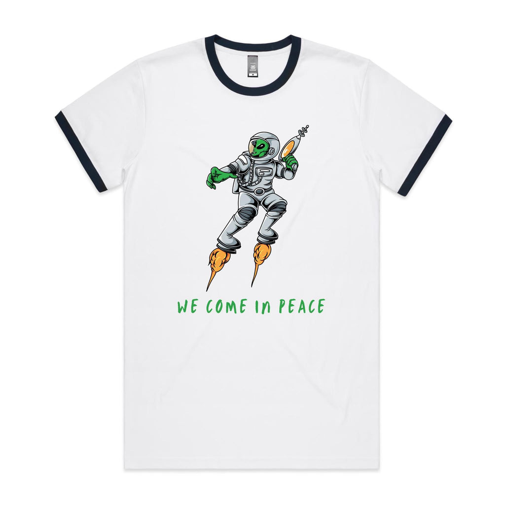 Alien, We Come In Peace - Staple Ringer Tee White Navy Ringer T-Shirt Printed In Australia Sci Fi