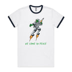 Alien, We Come In Peace - Staple Ringer Tee White Navy Ringer T-Shirt Printed In Australia Sci Fi