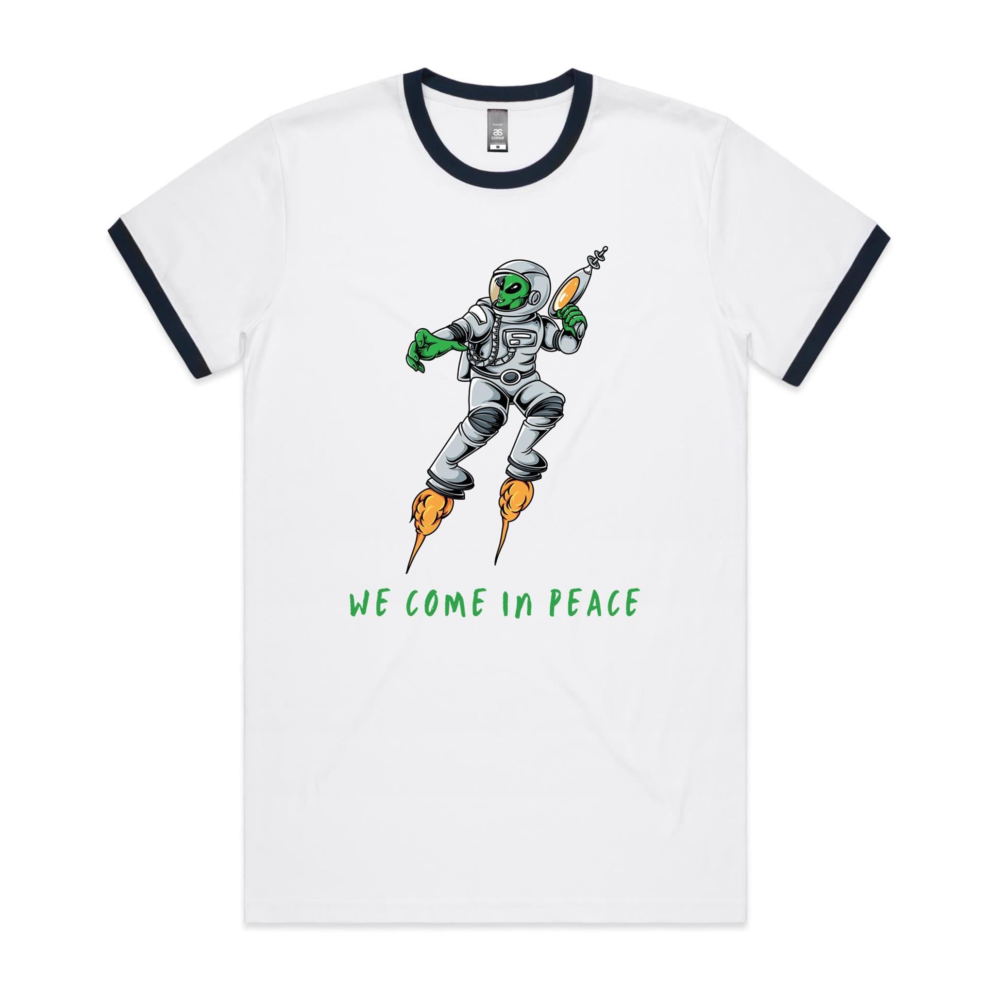 Alien, We Come In Peace - Staple Ringer Tee White Navy Ringer T-Shirt Printed In Australia Sci Fi