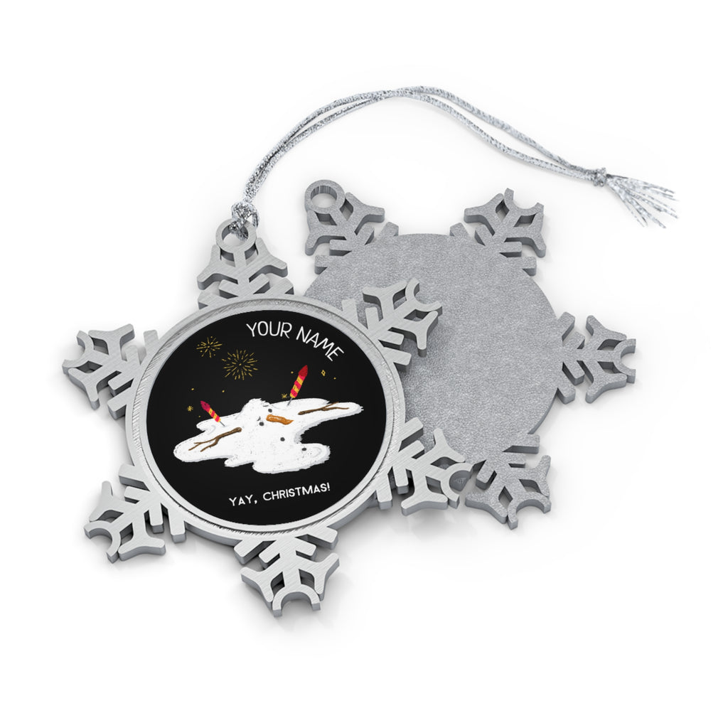 Personalised - Yay, Christmas, Melting Snowman - Christmas Pewter Snowflake Ornament