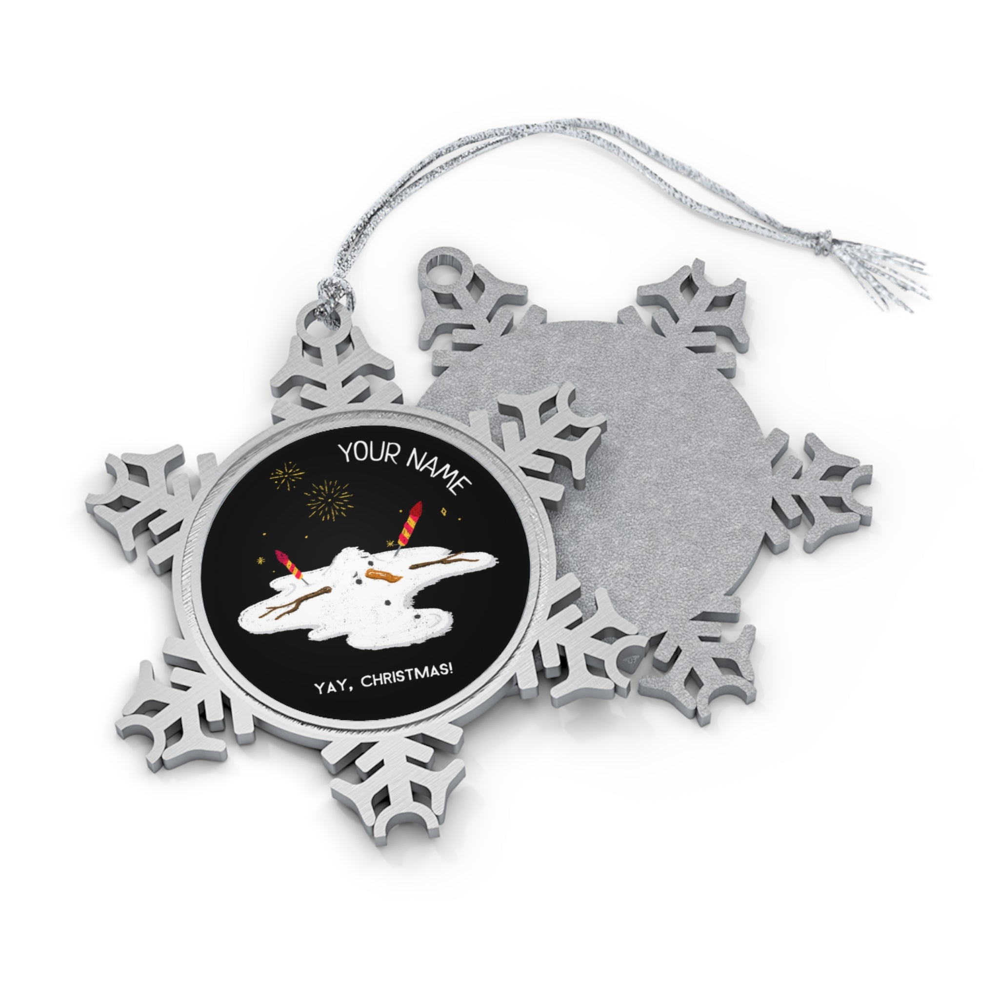 Personalised - Yay, Christmas, Melting Snowman - Christmas Pewter Snowflake Ornament