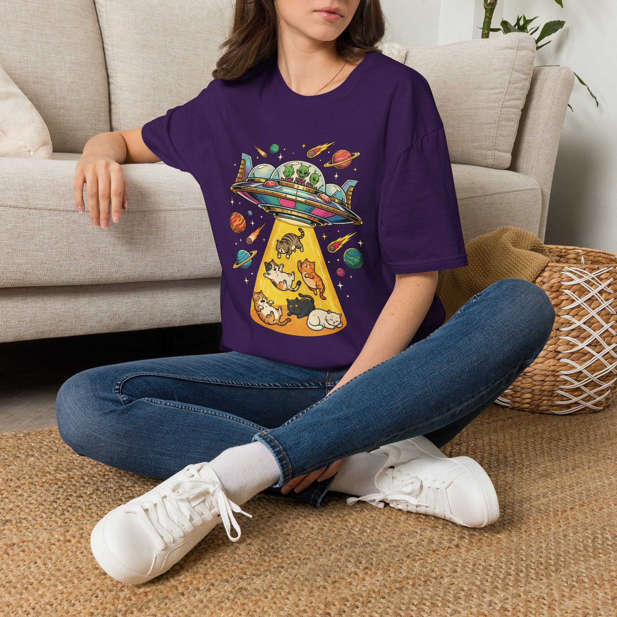 UFO Cat Abduction Unisex T-Shirt Purple Unisex Adult T-shirt animal Globally Fulfilled Sci Fi