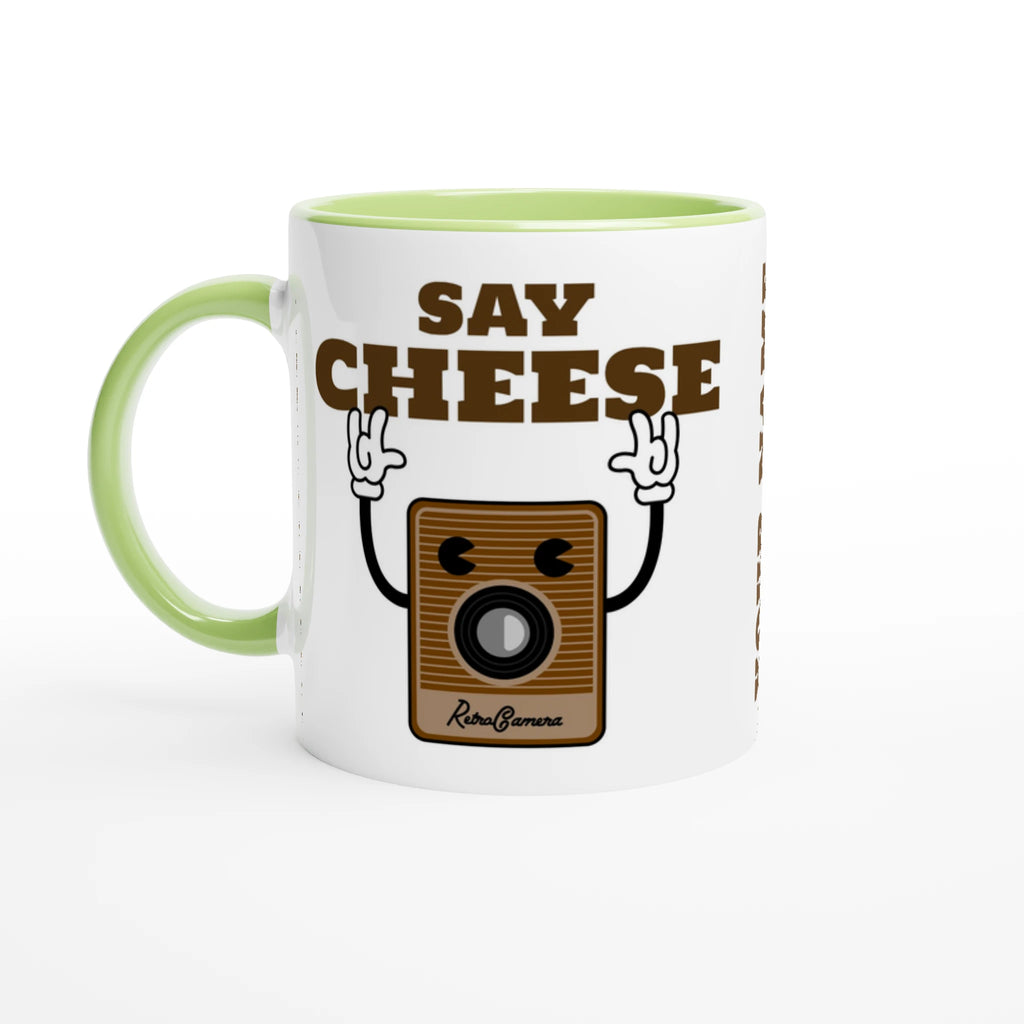 Personalised - Say Cheese, Retro Camera - White 11oz Ceramic Mug with Colour Inside Ceramic Green Personalised 11oz Mug customise Globally Fulfilled personalise Retro Tech