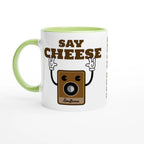 Personalised - Say Cheese, Retro Camera - White 11oz Ceramic Mug with Colour Inside Ceramic Green Personalised 11oz Mug customise Globally Fulfilled personalise Retro Tech