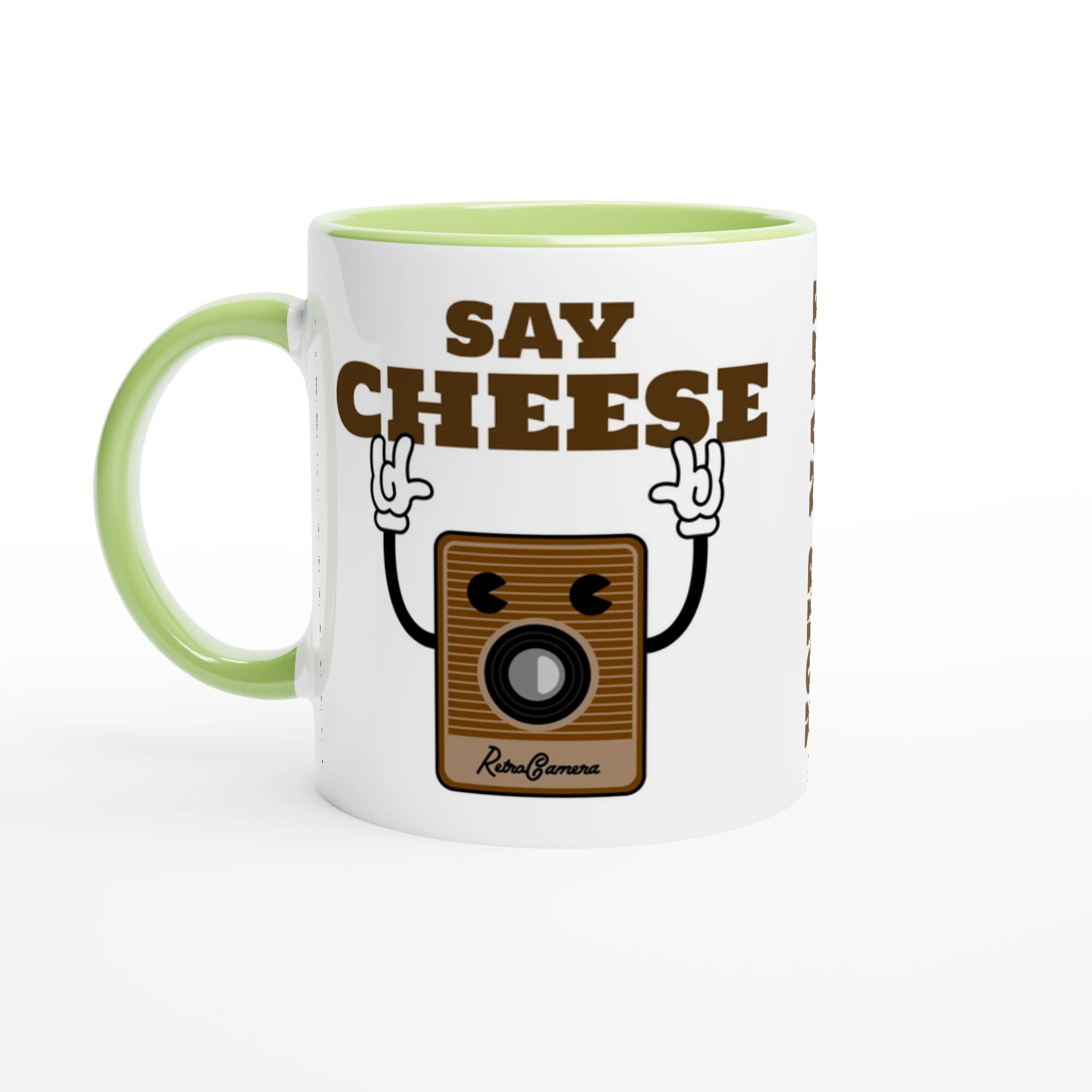 Personalised - Say Cheese, Retro Camera - White 11oz Ceramic Mug with Colour Inside Ceramic Green Personalised 11oz Mug customise Globally Fulfilled personalise Retro Tech