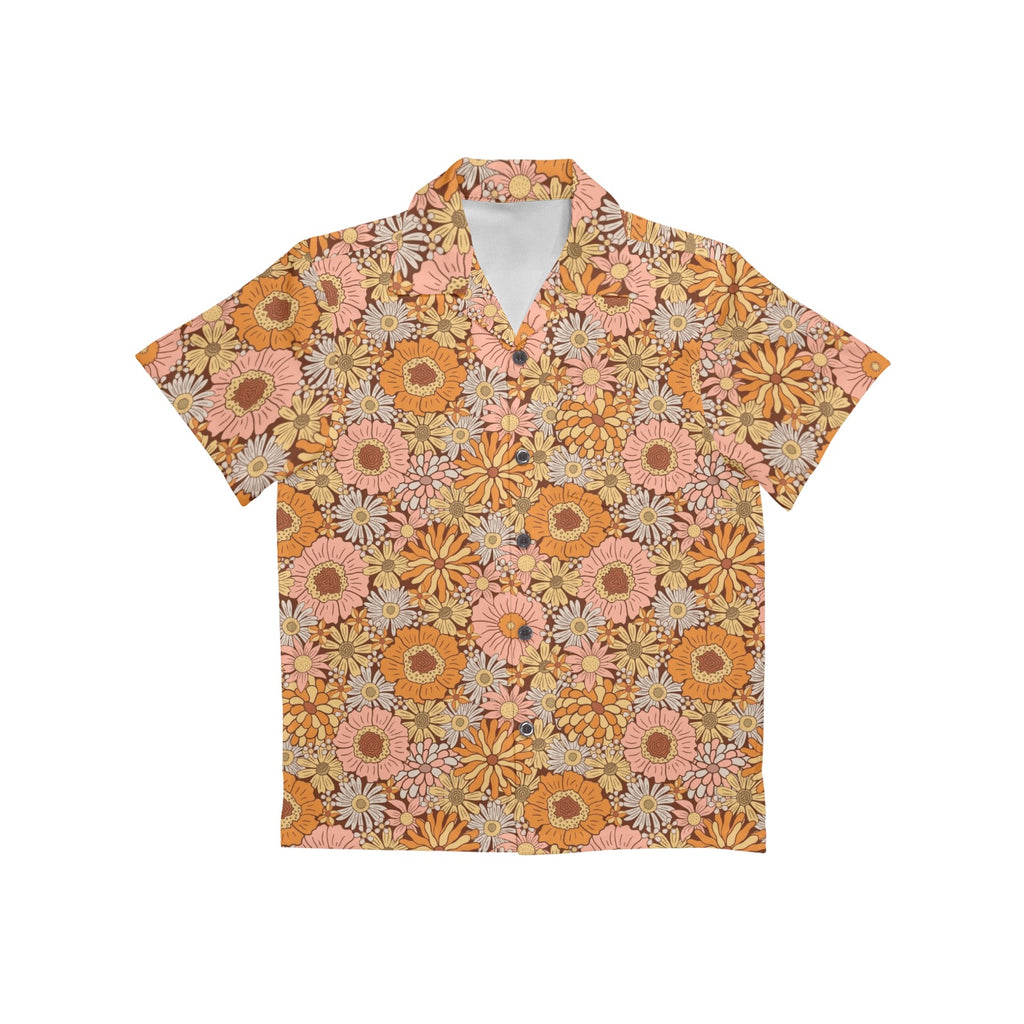 Orange Retro Floral Junior Kids Hawaiian Shirt