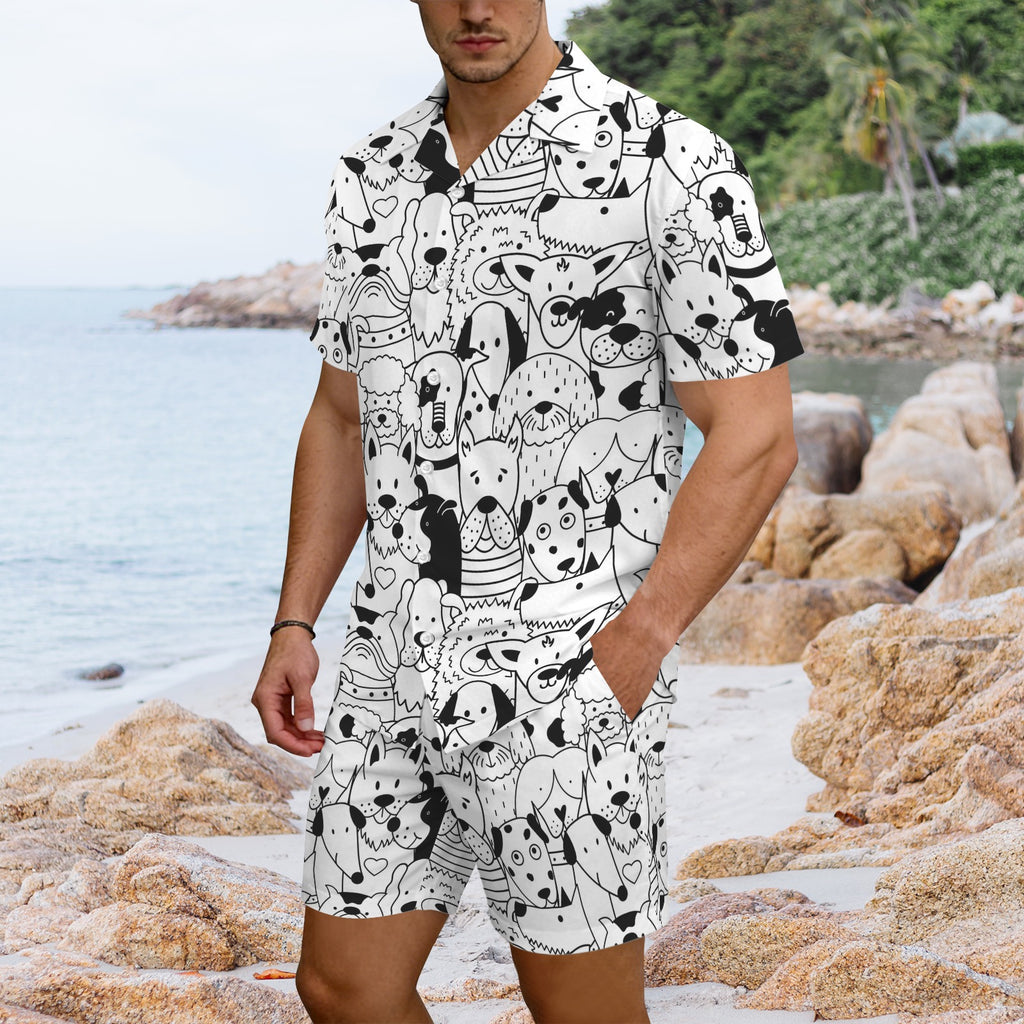 Black And White Dogs Men's Hawaiian Shirt & Shorts Set Men's Hawaiian Shirt & Shorts Set animal Printed Offshore