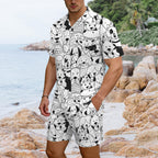 Black And White Dogs Men's Hawaiian Shirt & Shorts Set Men's Hawaiian Shirt & Shorts Set animal Printed Offshore