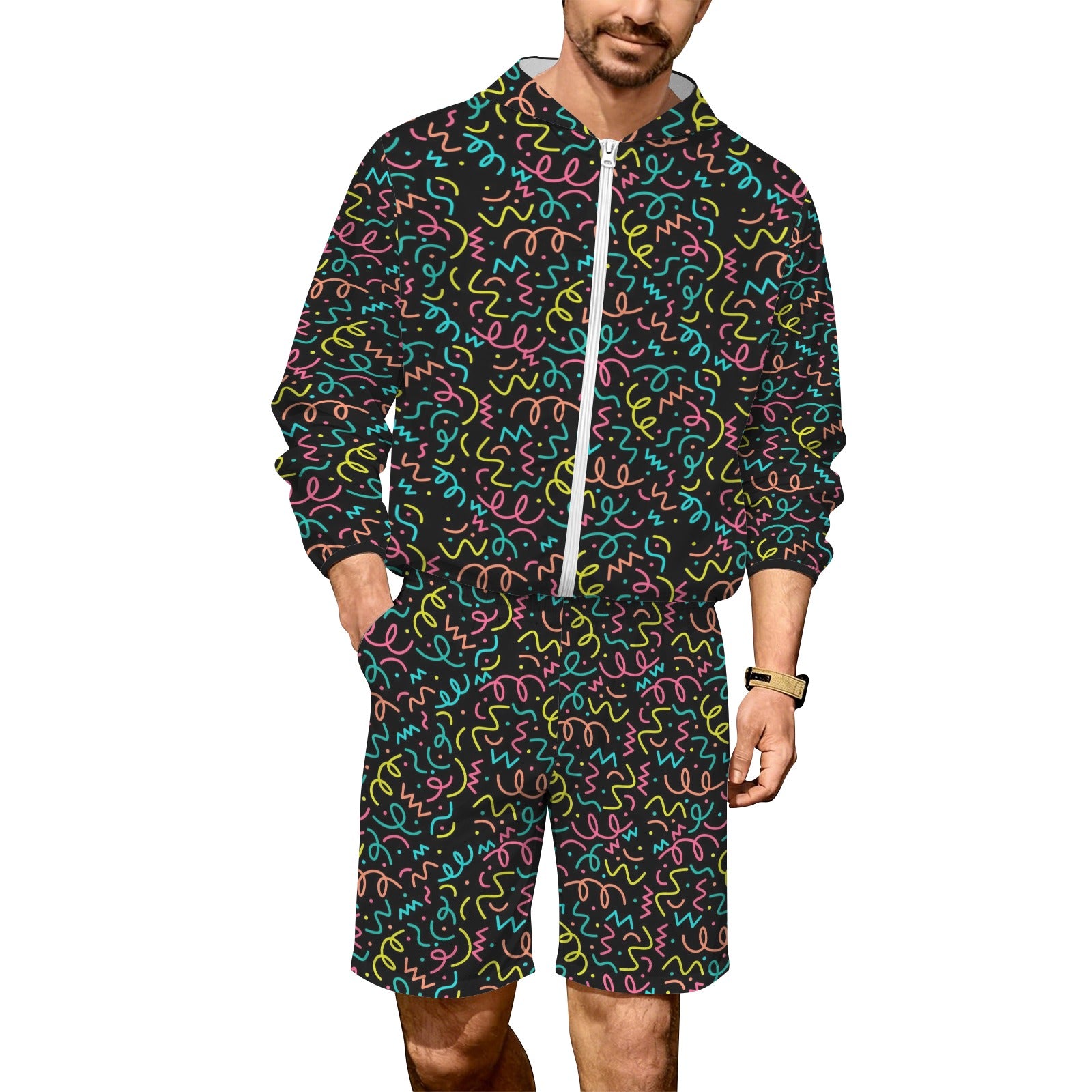 Squiggle Time Men's Lightweight Sun Hoodie & Shorts Set 4XL Men's Lightweight Sun Hoodie & Shorts Printed Offshore