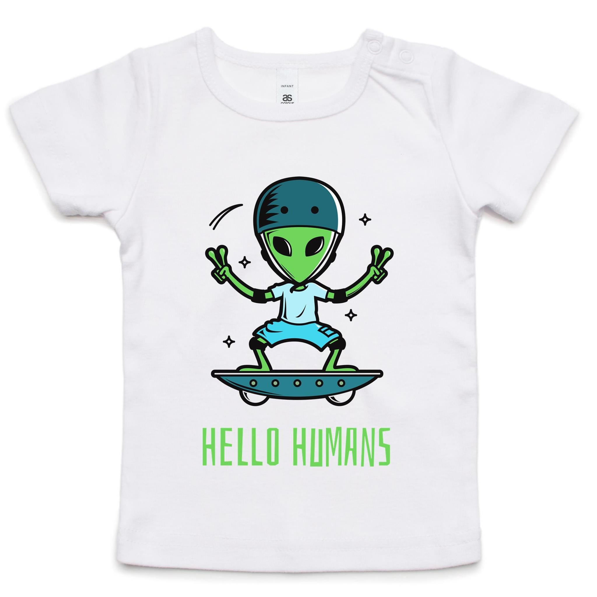 Alien, Hello Humans - Baby T-shirt White Baby T-shirt Printed In Australia Sci Fi