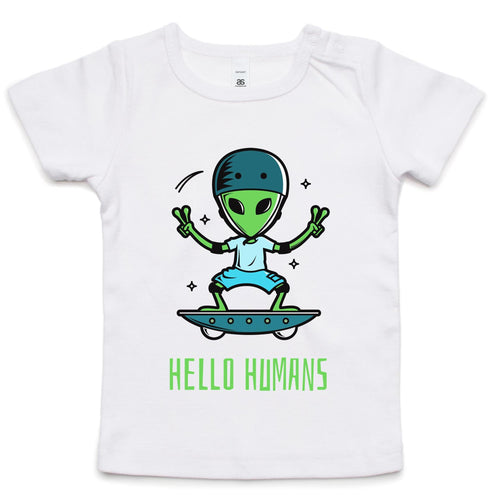 Alien, Hello Humans - Baby T-shirt White Baby T-shirt Printed In Australia Sci Fi